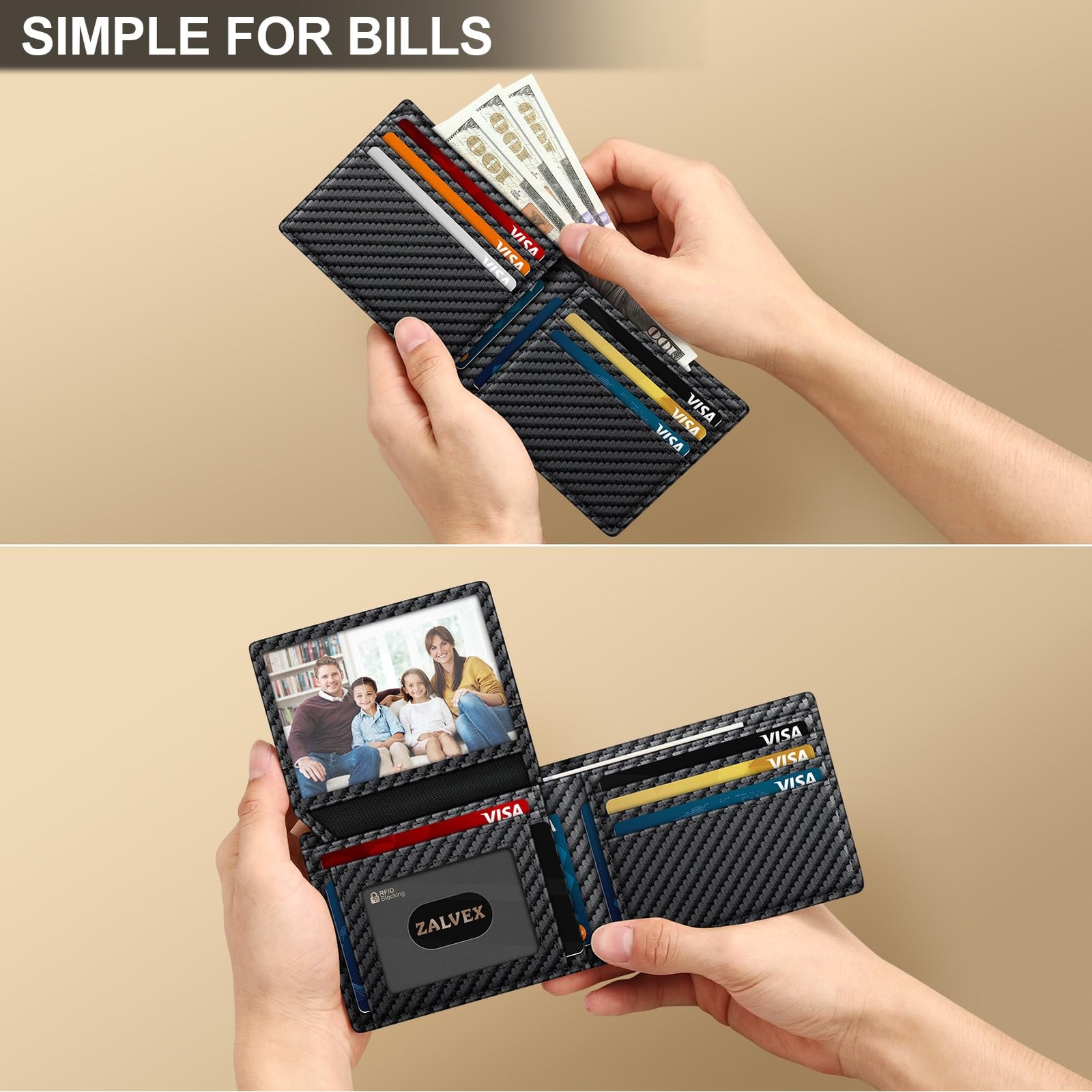 Wallet for Men Slim RFID Blocking 4.3 x 3.2 x 0.6 inches, Carbon Fiber