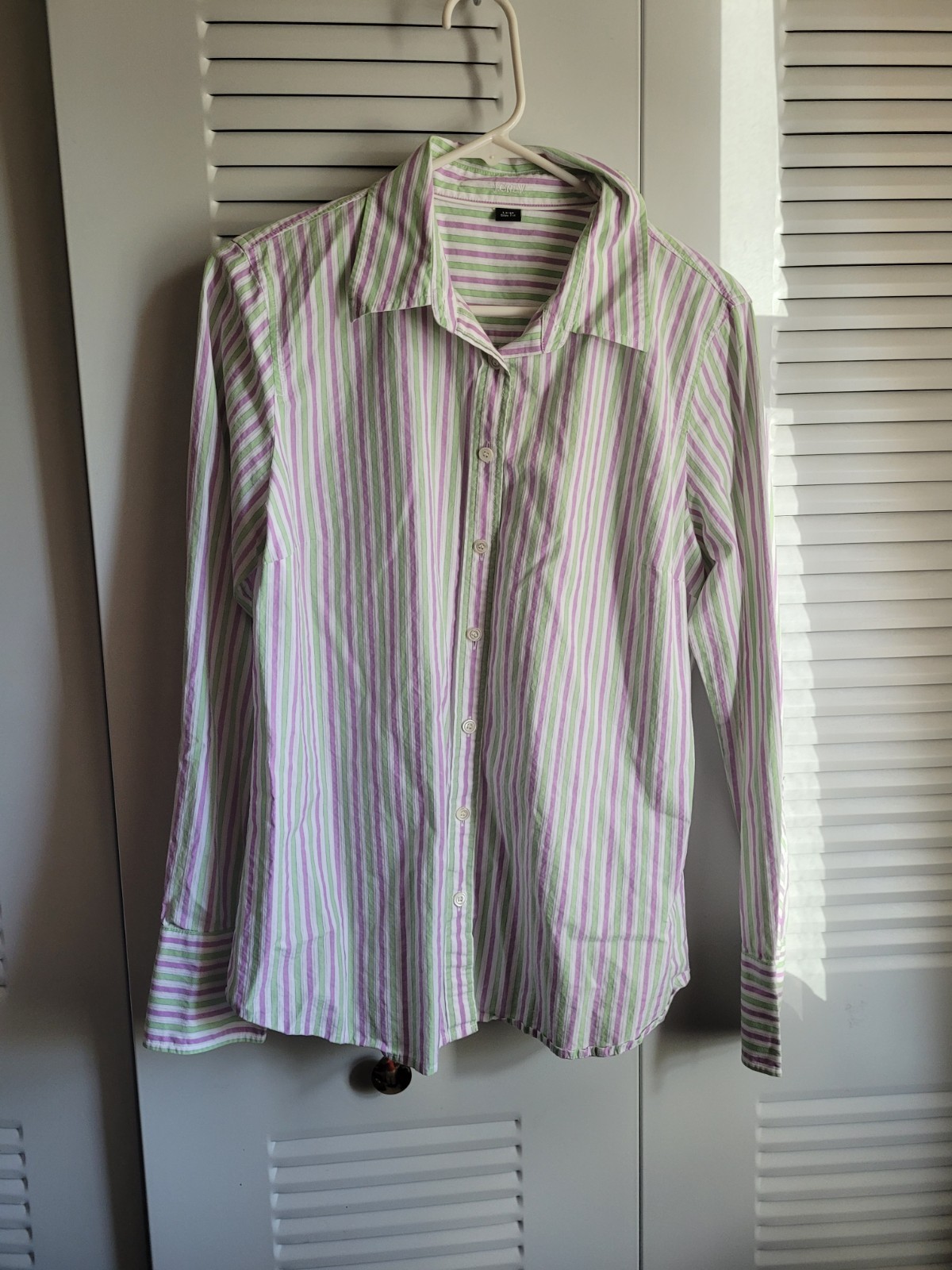 J. Crew Vertical Stripe Button-Down Shirt in White, Green & Pink Size Large