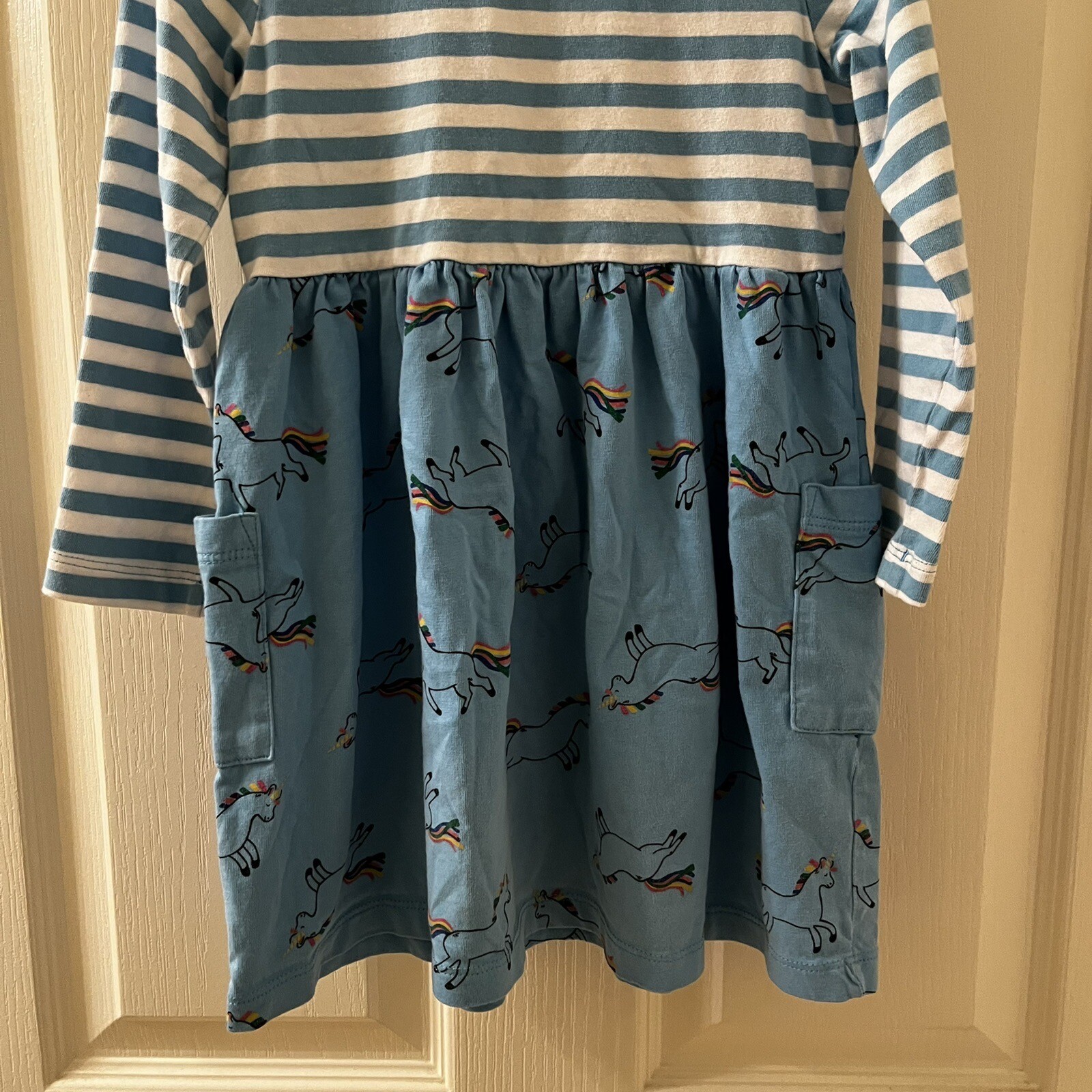 Hanna Andersson Mixie Playdress Dress Blue Striped Unicorn Pockets Size 100 US 4