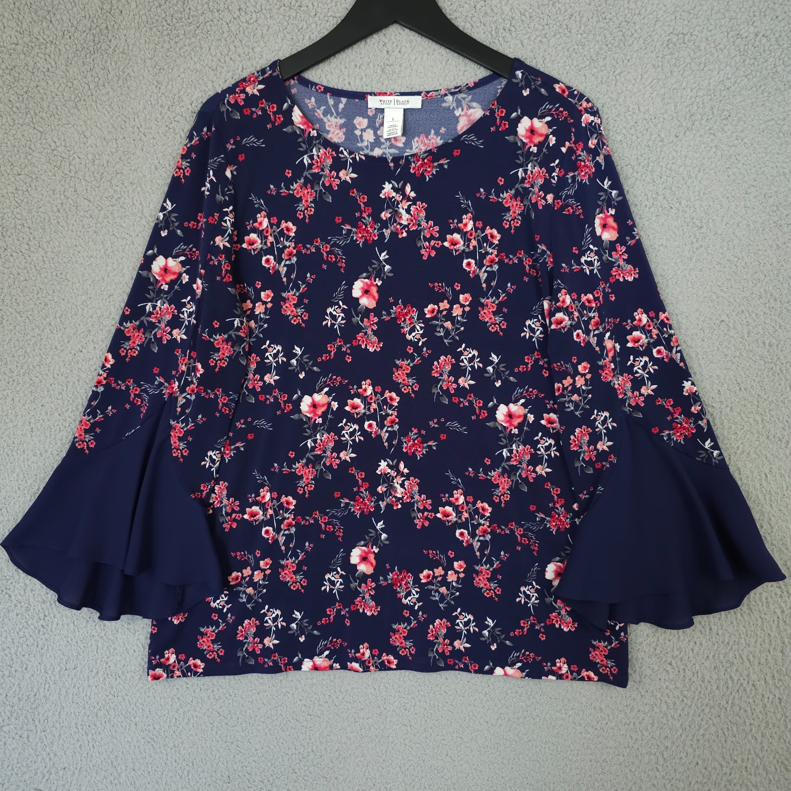 White House Black Market Shirt Womens Large Blue Floral Bell Sleeve Blouse Top