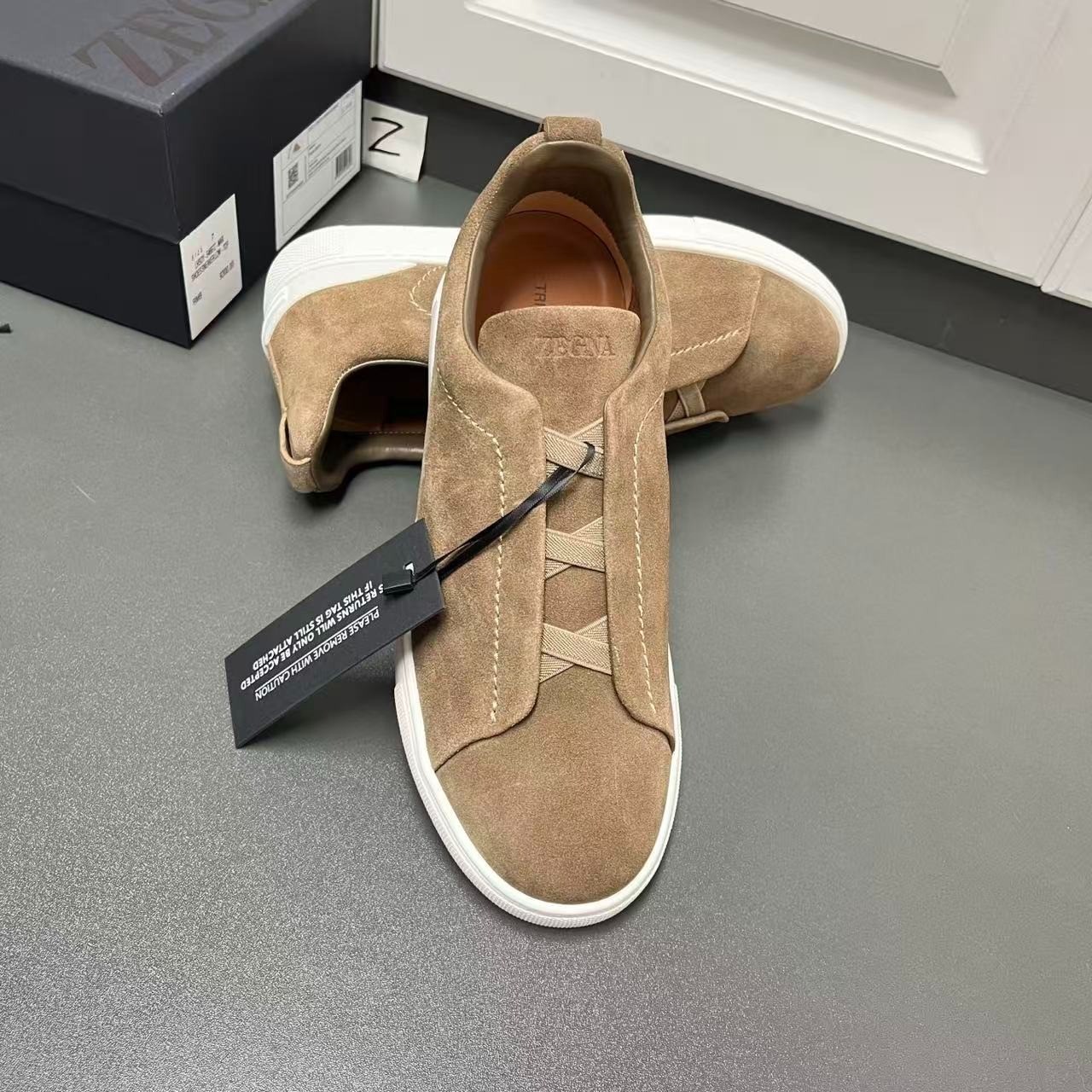 ZEGNA Triple Stitch Men’s Brown Suede Slip-On Sneakers White Sole Size 6-12