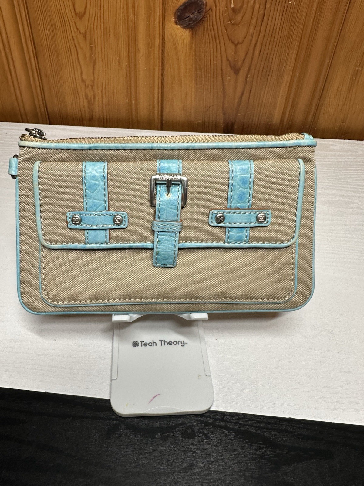 Michael Kors Beige & Light Blue Clutch Buckle Accent, Zipper, Silver Hardware