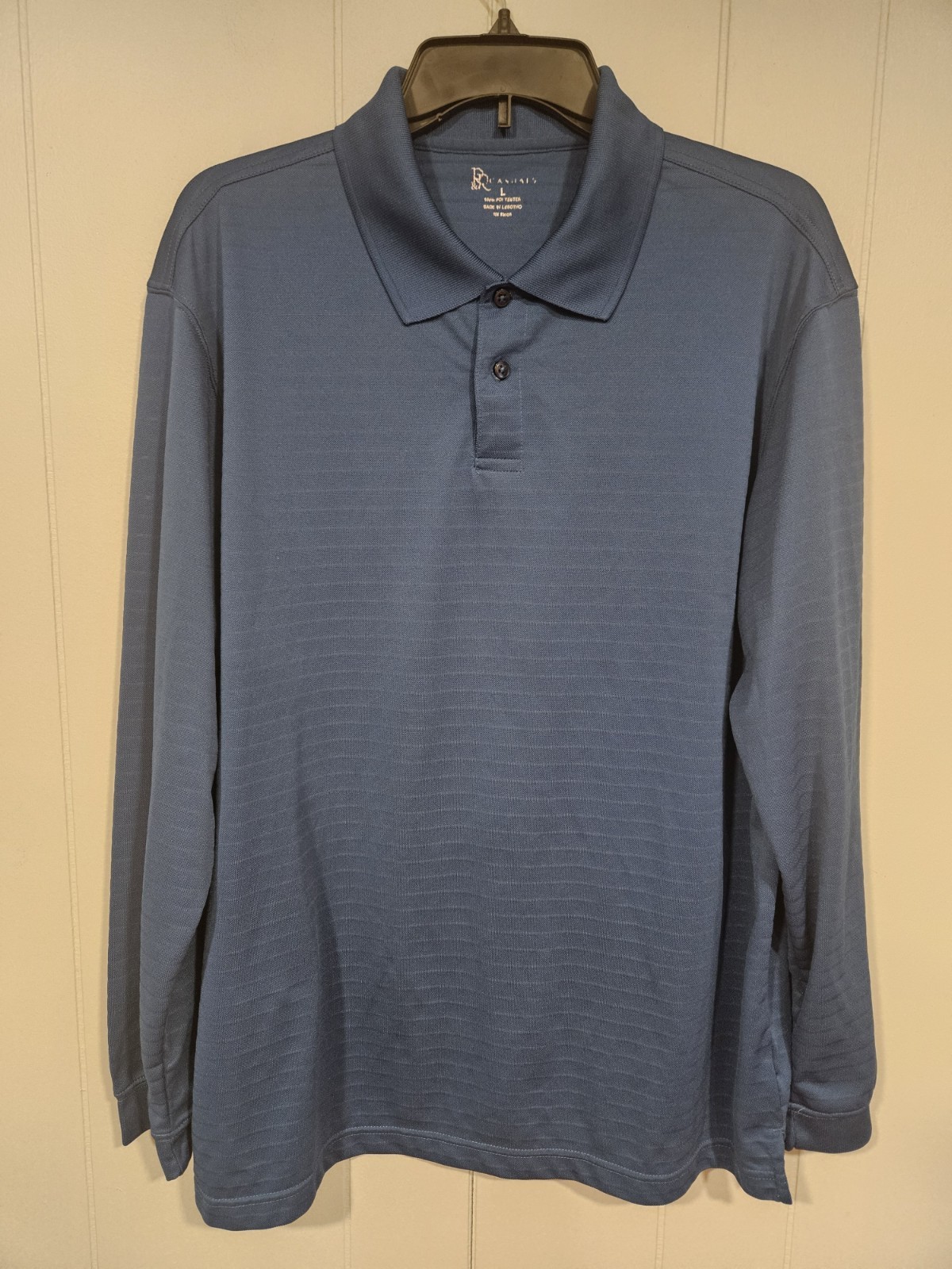 R&R Casuals Polo Shirt Blue Large Long Sleeve Striped Polyester 24″ Pit To Pit