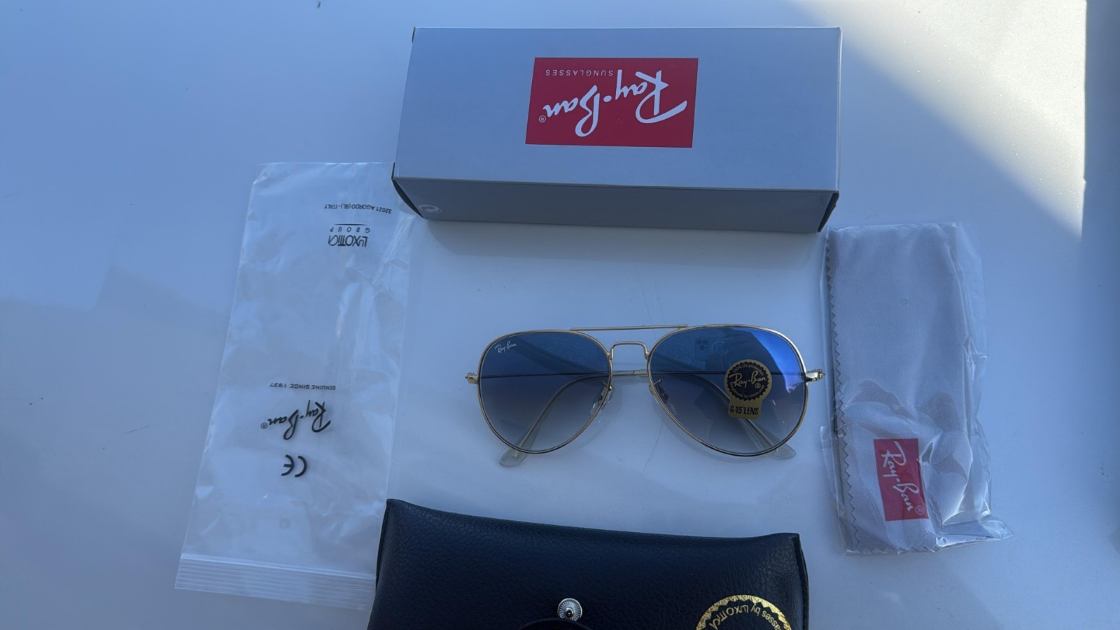 Ray-Ban Sunglasses RB3025 Aviator Gradient Gold Frame Light Blue Lenses 58mm