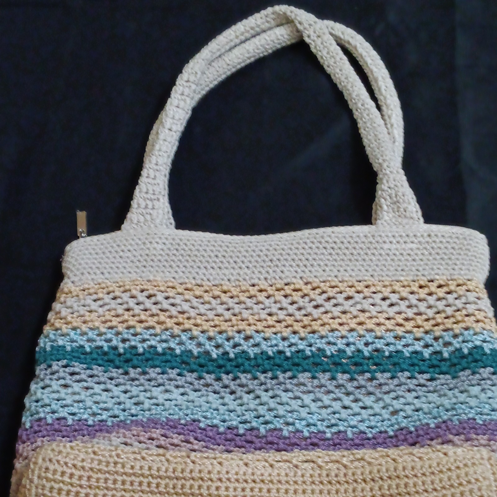 The Sak Striped Tote Bag Beige Blue Purple Zip Top Lined Inner Pockets