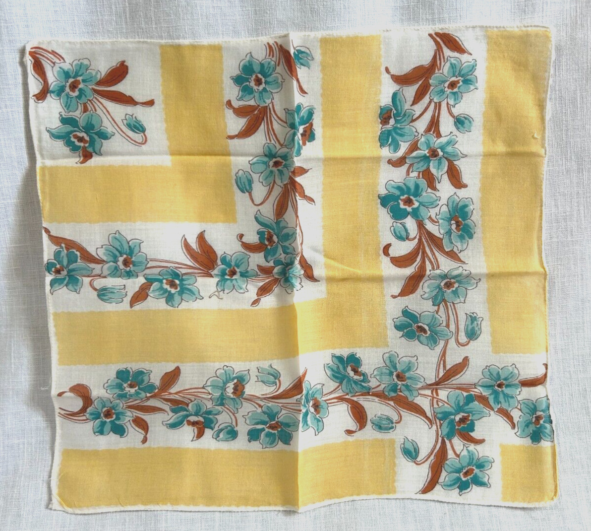 Vintage Floral Ladies Cotton Handkerchief 11.5 in x 12 in Yellow Blue Brown
