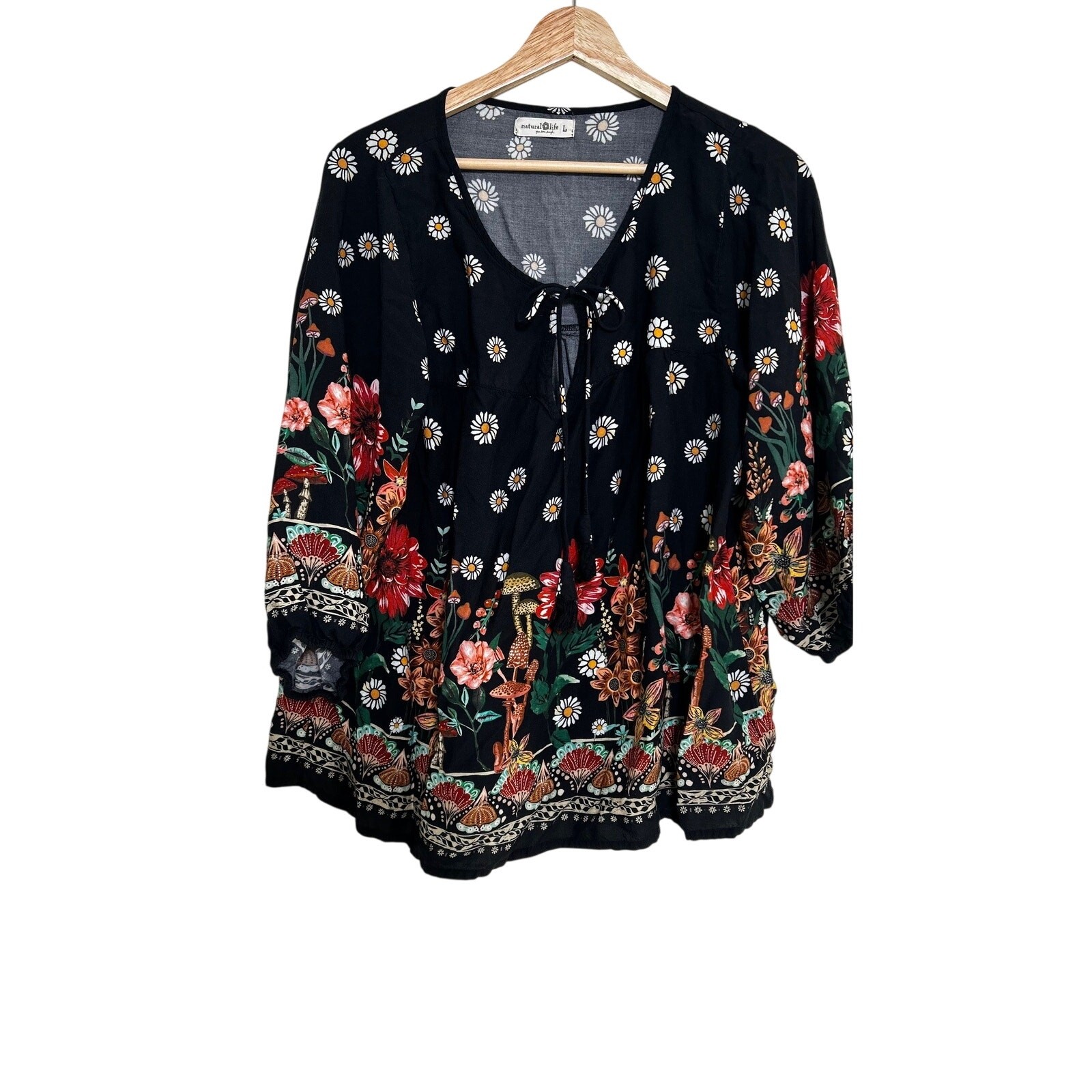Natural Life Blouse Womens Large Black Floral Boho Peasant Top Long Sleeve