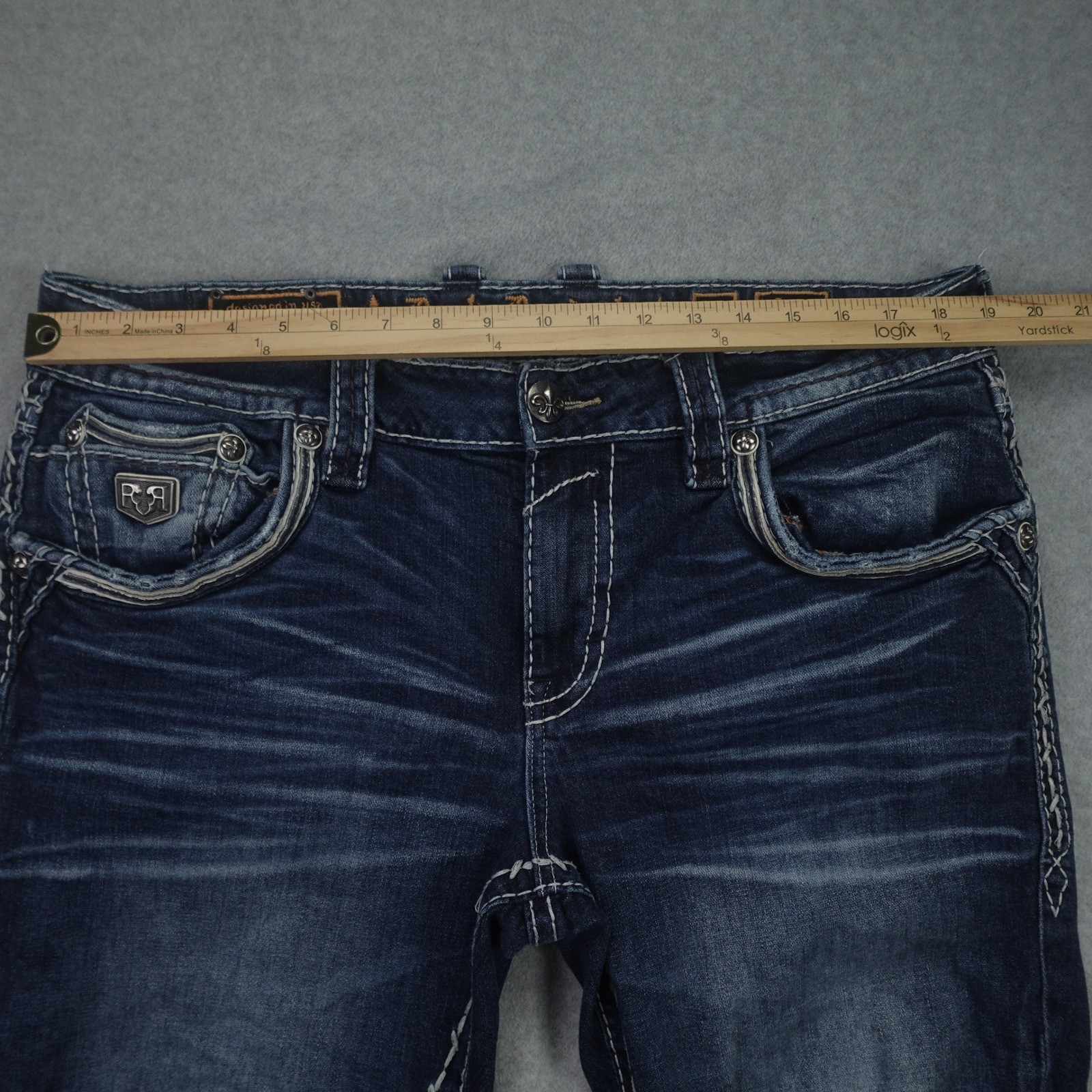 Rock Revival Jeans Mens 36 Blue Distressed Stitch Jaser Straight Denim