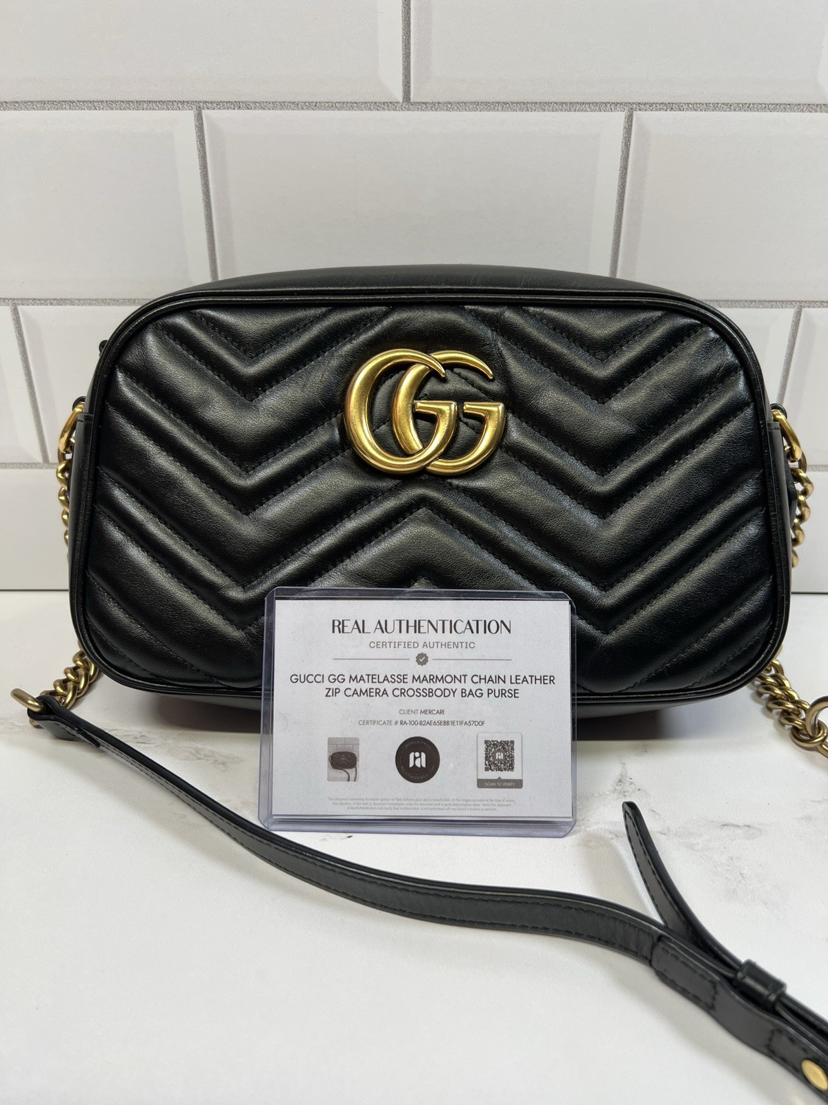 Gucci GG Matelasse Marmont Chain Leather Zip Camera Crossbody Bag Purse