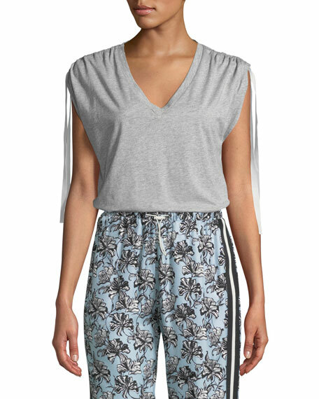 ROBERT RODRIGUEZ $110 V-neck Ruched-shoulder Cotton Tee Heather Grey Size Small