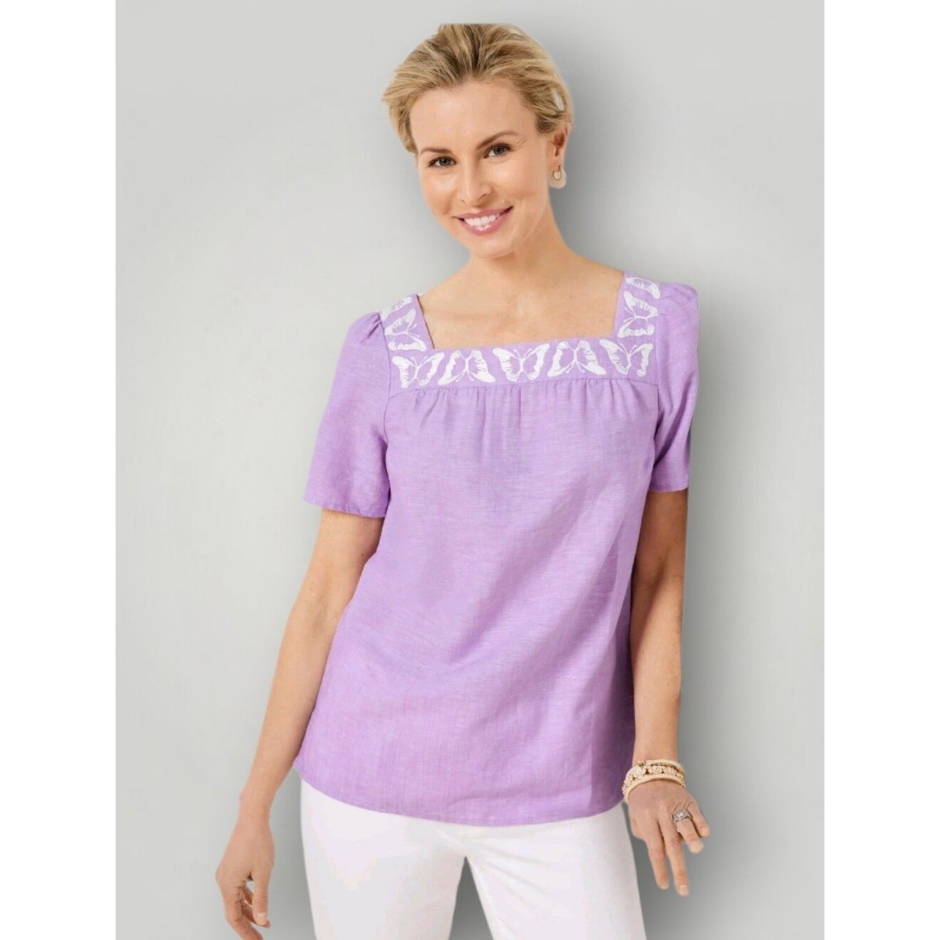 Talbots Butterfly Embroidered Linen Cotton Square Neck Top Lilac Medium