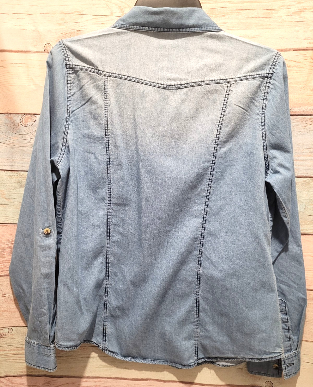 Passport Women’s Blue Denim Button Down Shirt Roll Tab Sleeve Cotton Size L