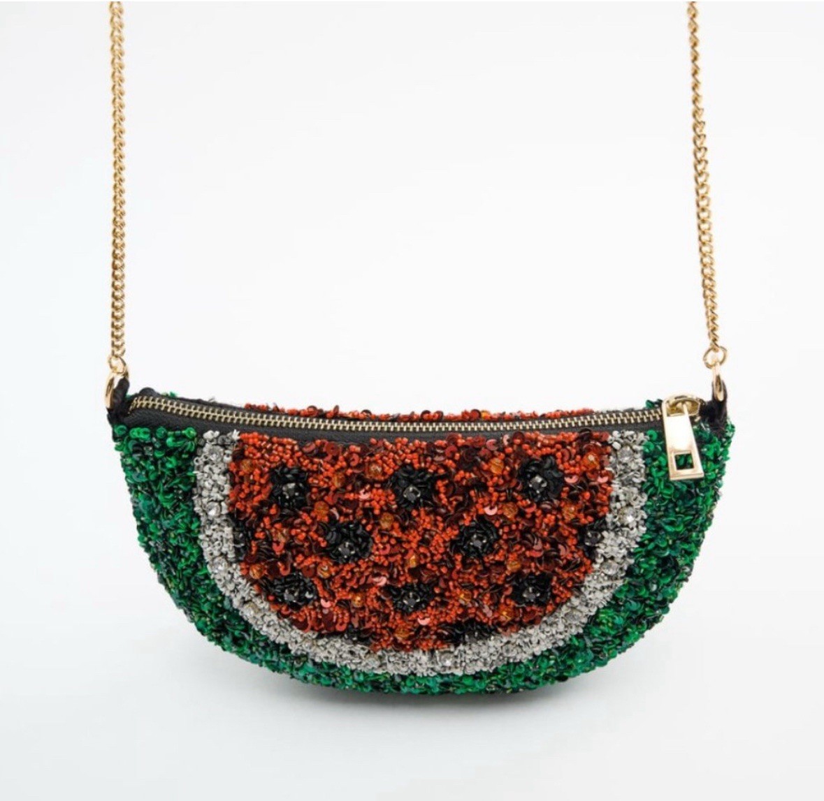 ZARA Watermelon Red Green Sequin Beaded Embroidered Jewel Handbag Crossbody Bag