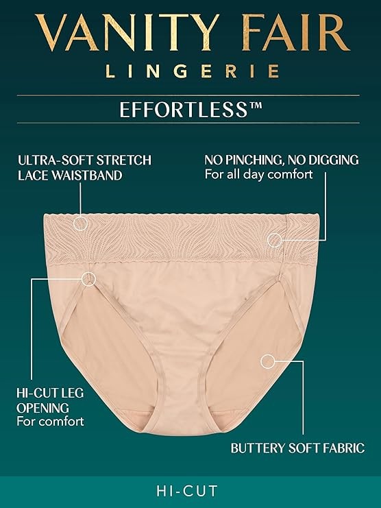 3 Pack Vanity Fair Women’s Effortless HI-Cut Panties 13475 Black 6-10