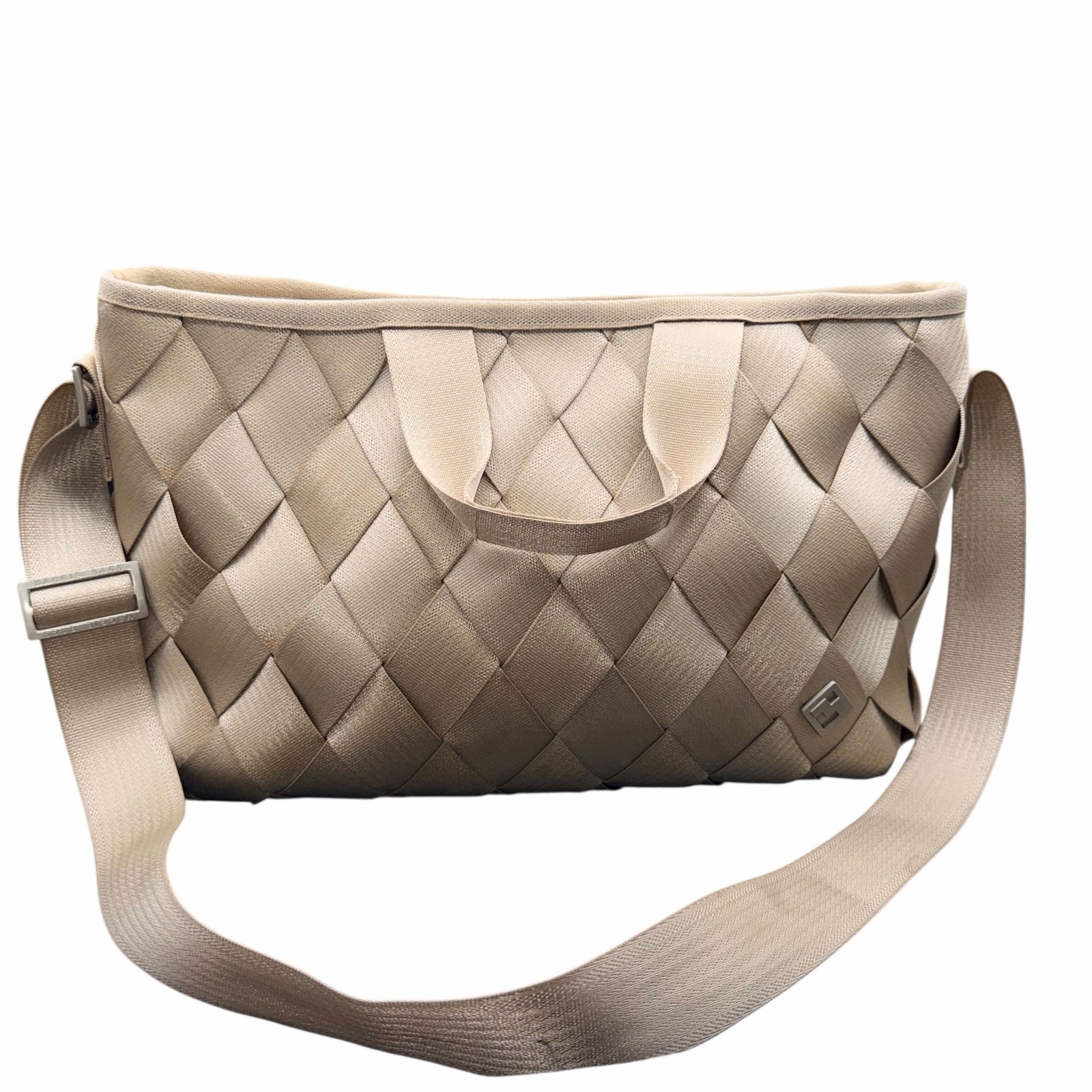 Maggie Bags Woven Seatbelt Laptop Tote Beige Crossbody Bag