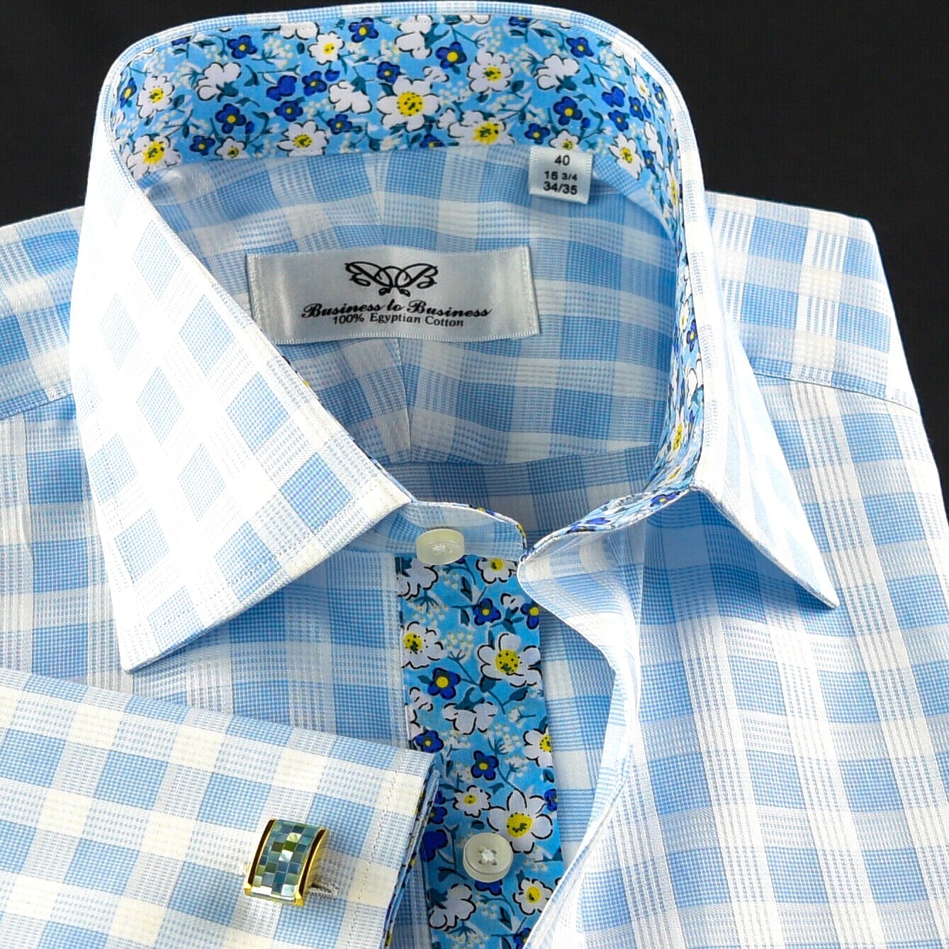 Blue Check Formal Business Dress Shirt Wih Blue Floral Inner Lining Double Cuff