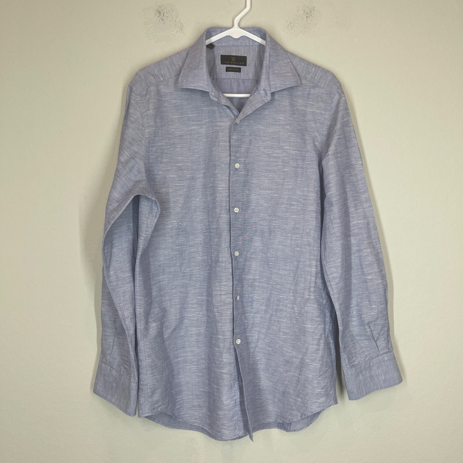Ike Behar Men’s Button Up Dress Shirt Size 15 1/2 Linen Cotton Blue Italy