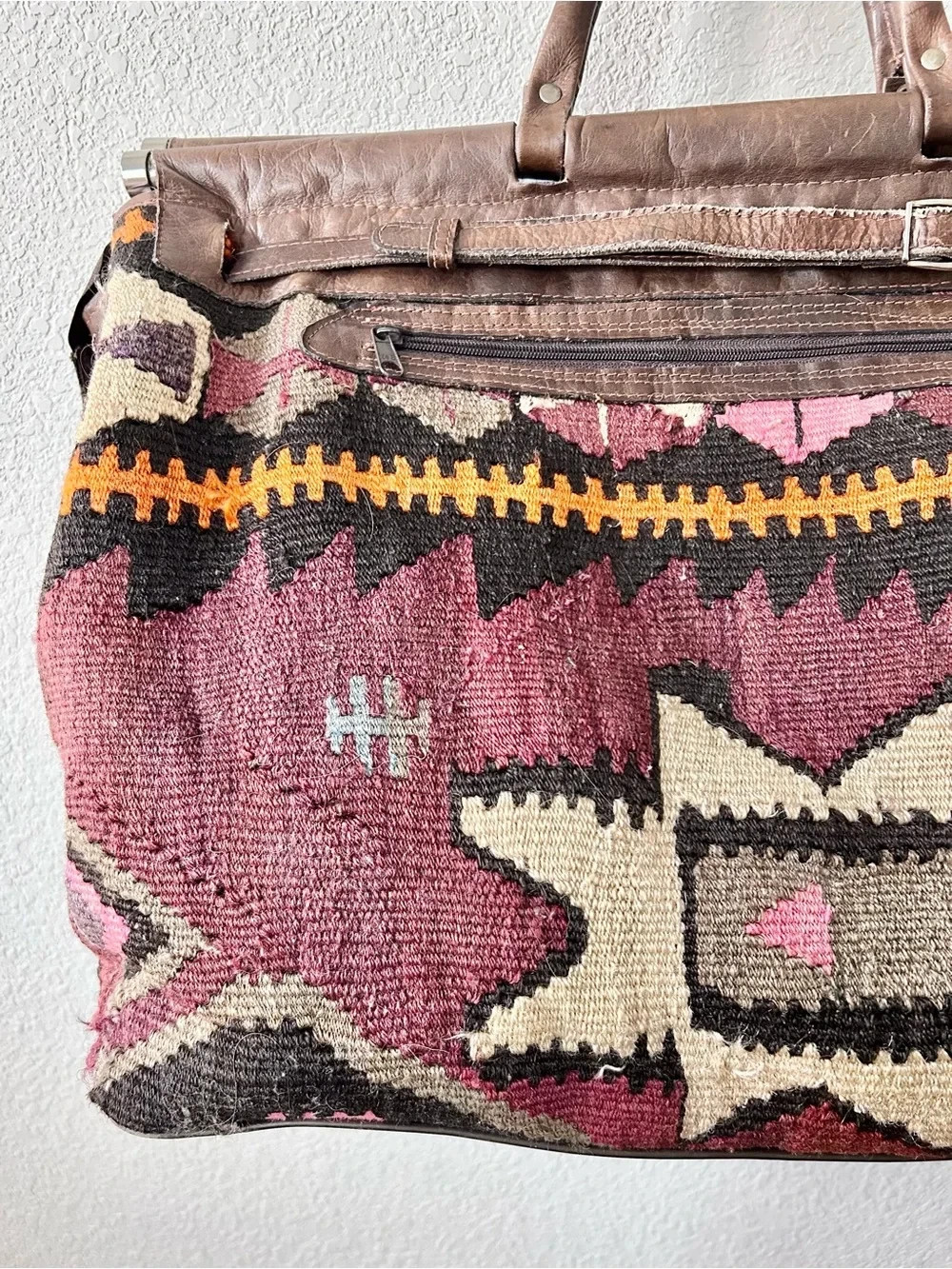 Turkish Anatolian Rug Bag with Leather Details Handmade Vintage Aztec Travel