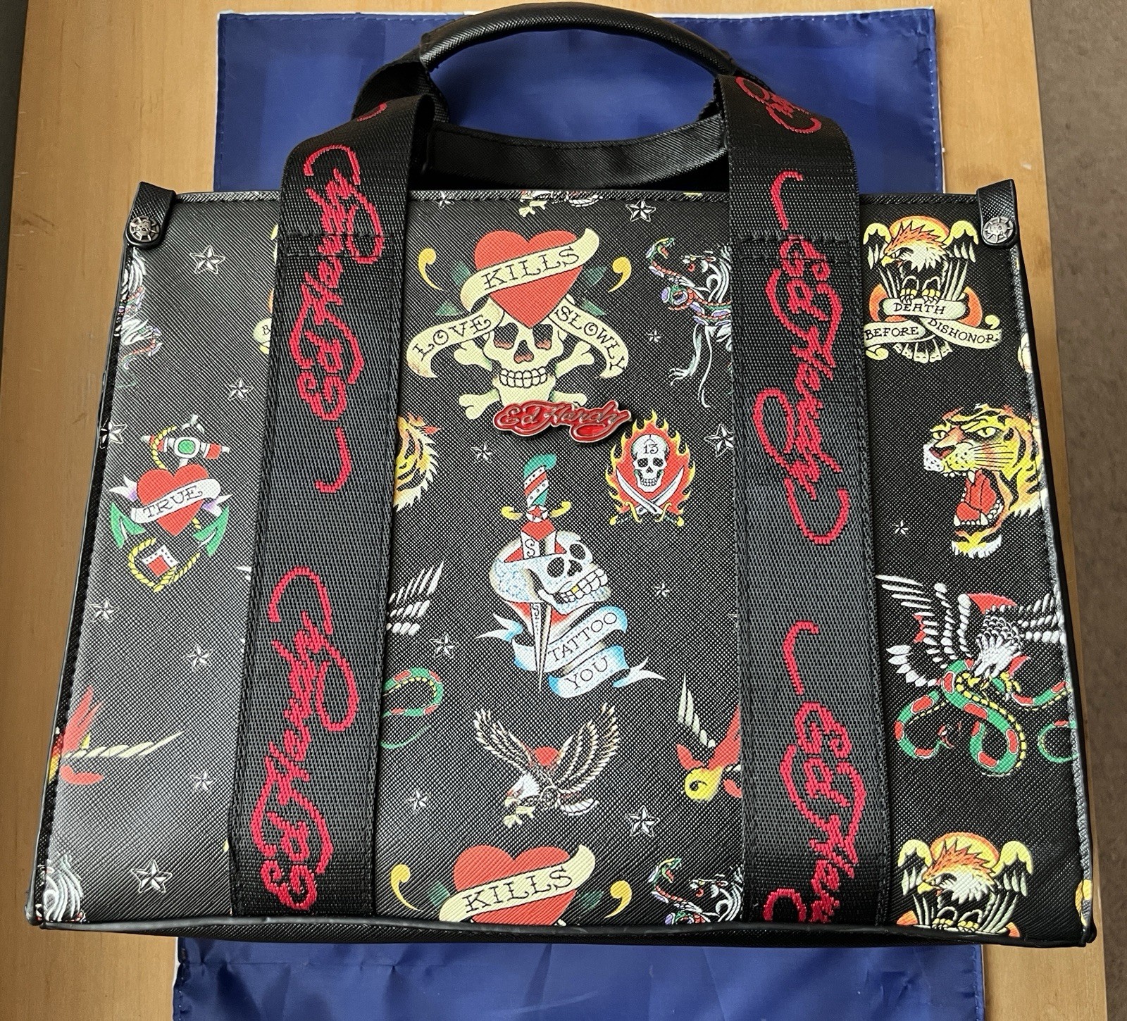 Ed Hardy Skull Tattoo Print Tote Bag Zip Top w/ Detachable Strap, Pockets