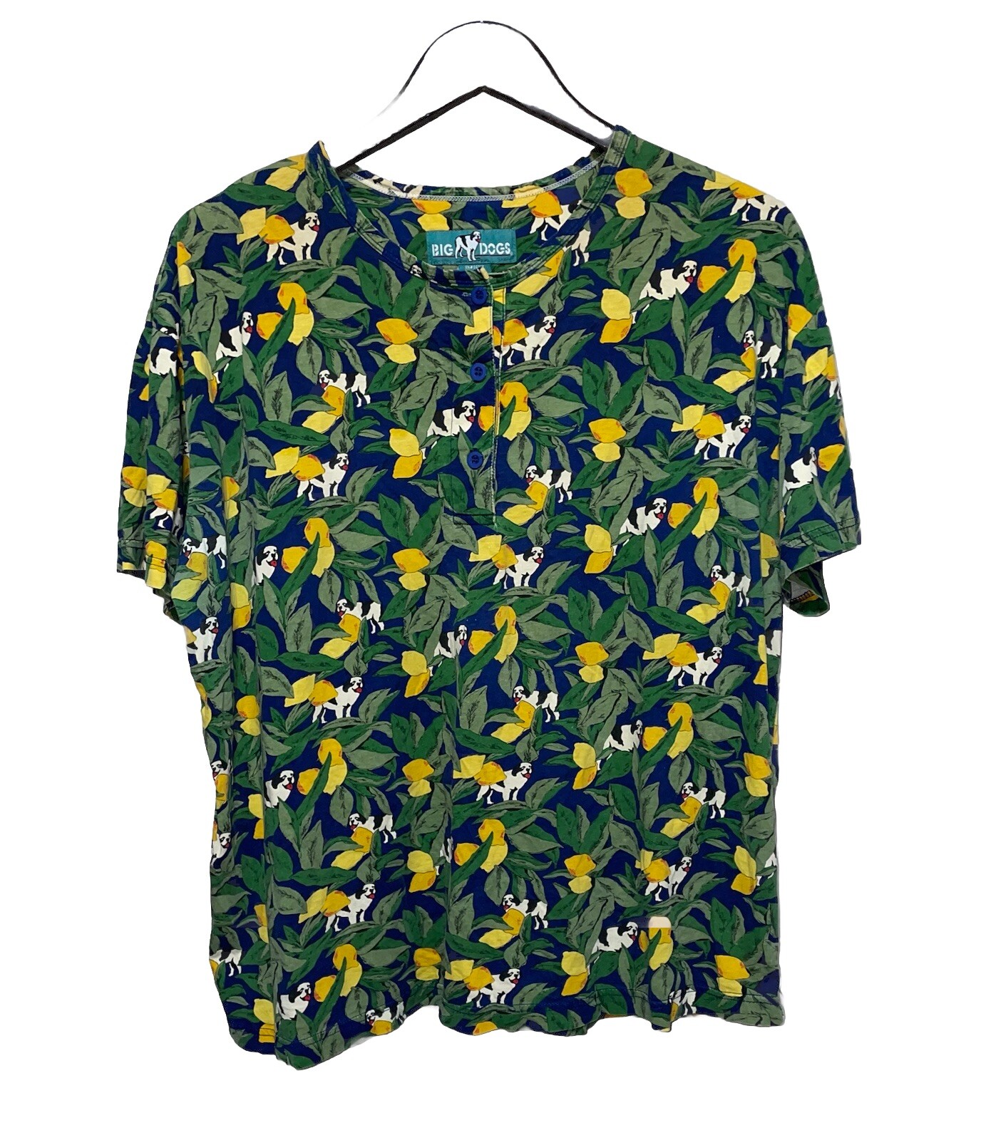 Vintage Big Dogs Men’s Large XL All Over Print Hawaiian T-shirt 3 Button