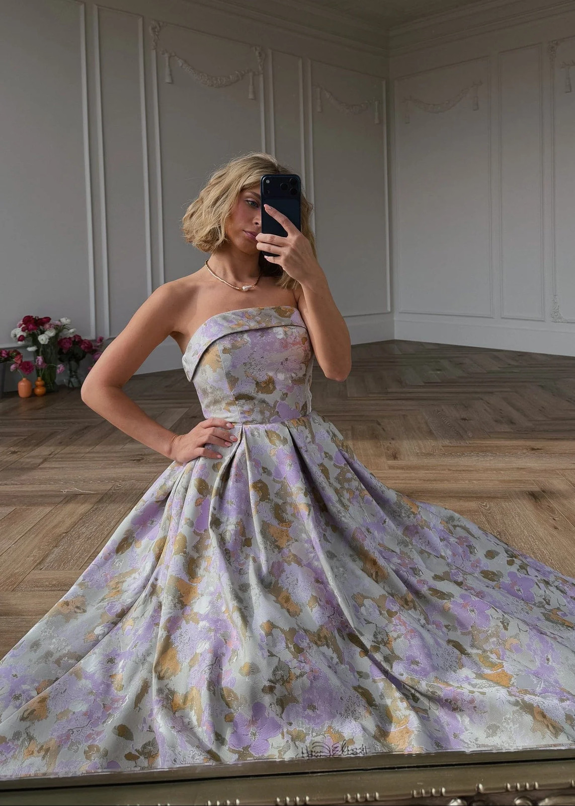 Strapless Lavender Floral Jacquard Ball Gown Formal Evening Prom Dresses