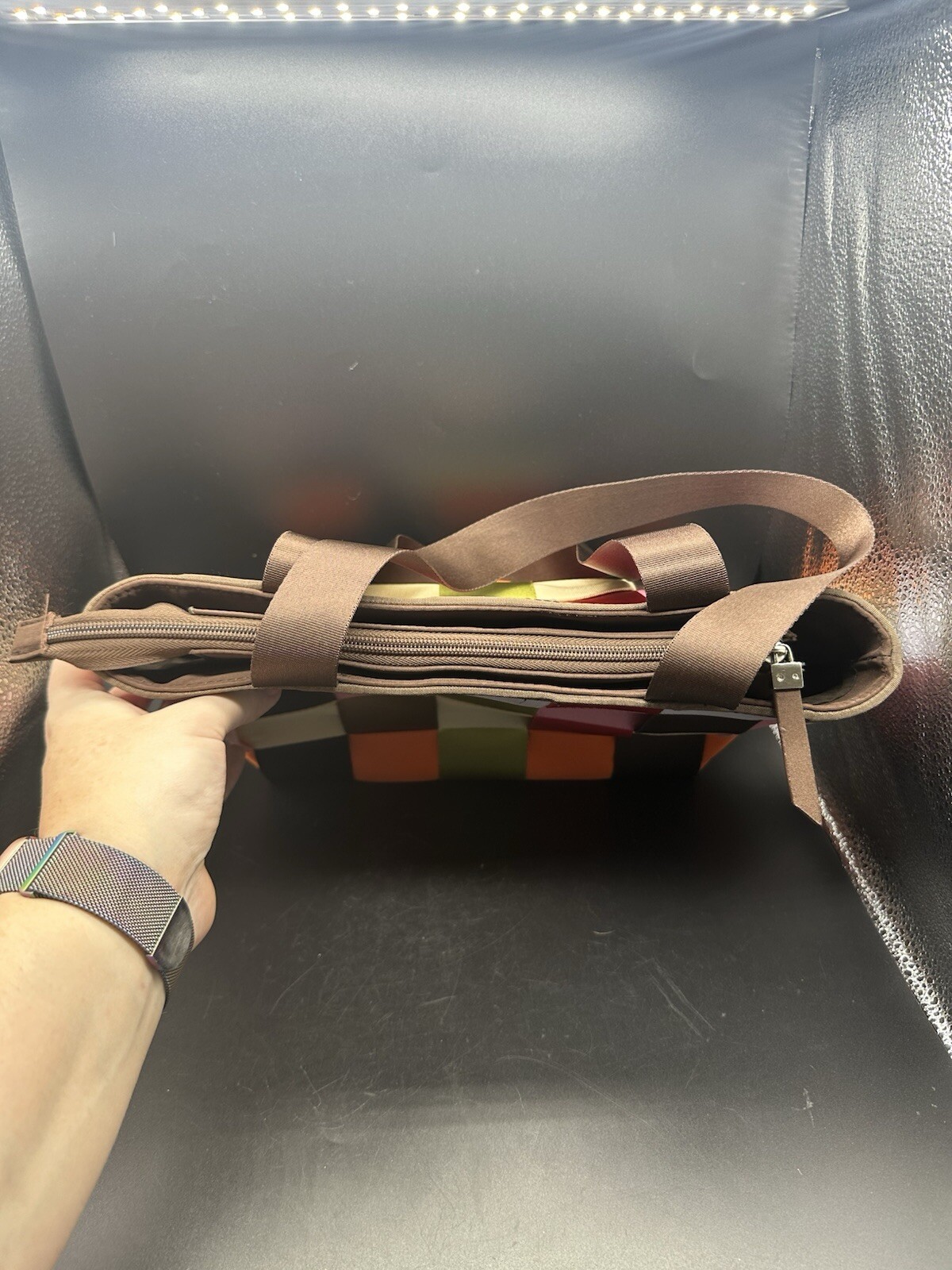 Comely seatbelt bag purse multi color 12.75” Wide shoulder bag Brown Lining