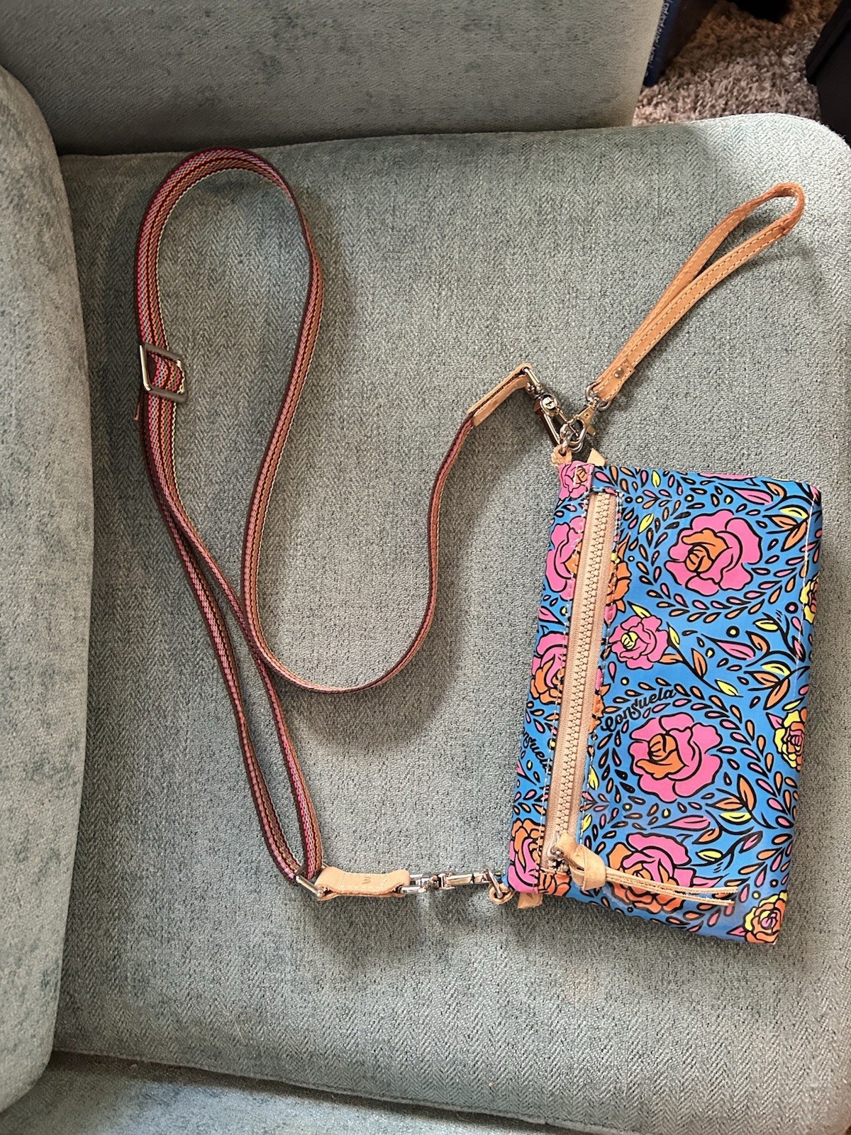 Consuela Blue Floral Crossbody Wristlet Wallet, Zip Closure, Card Slots