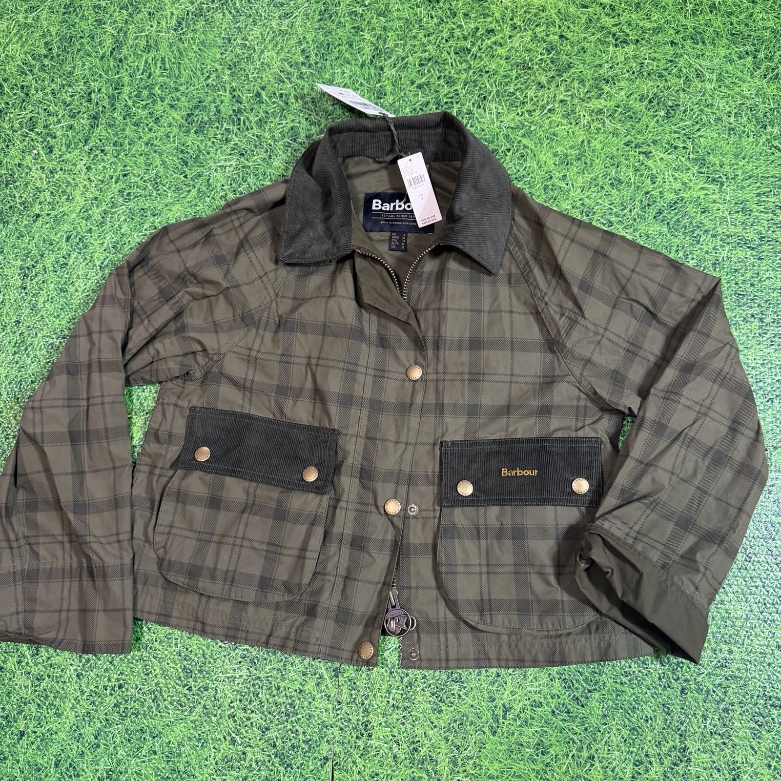 NWT Barbour Green Tartan Cropped Beadnell Casual Jacket Size 4 21×22 Inches