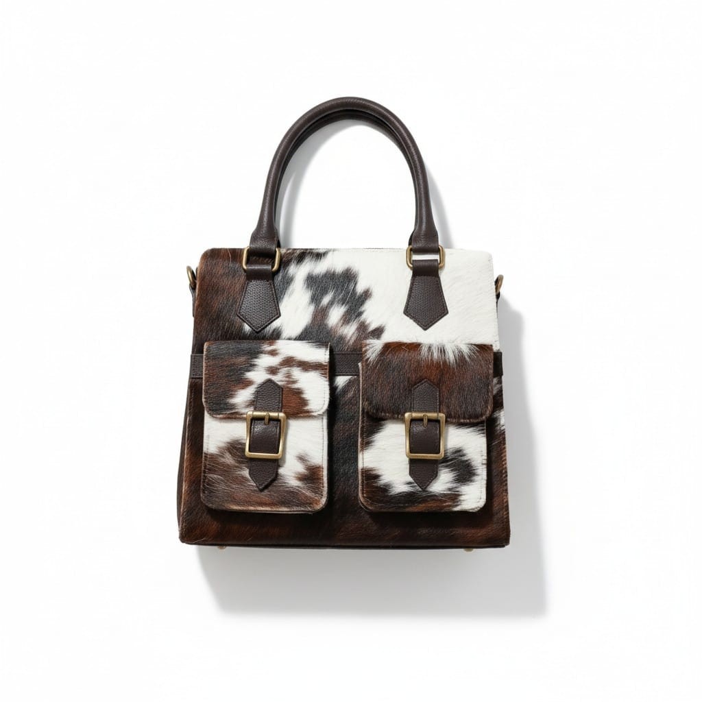Genuine Cowhide Leather Tote Bag Brown White Hair-On Hide 13x11x4 Stylish