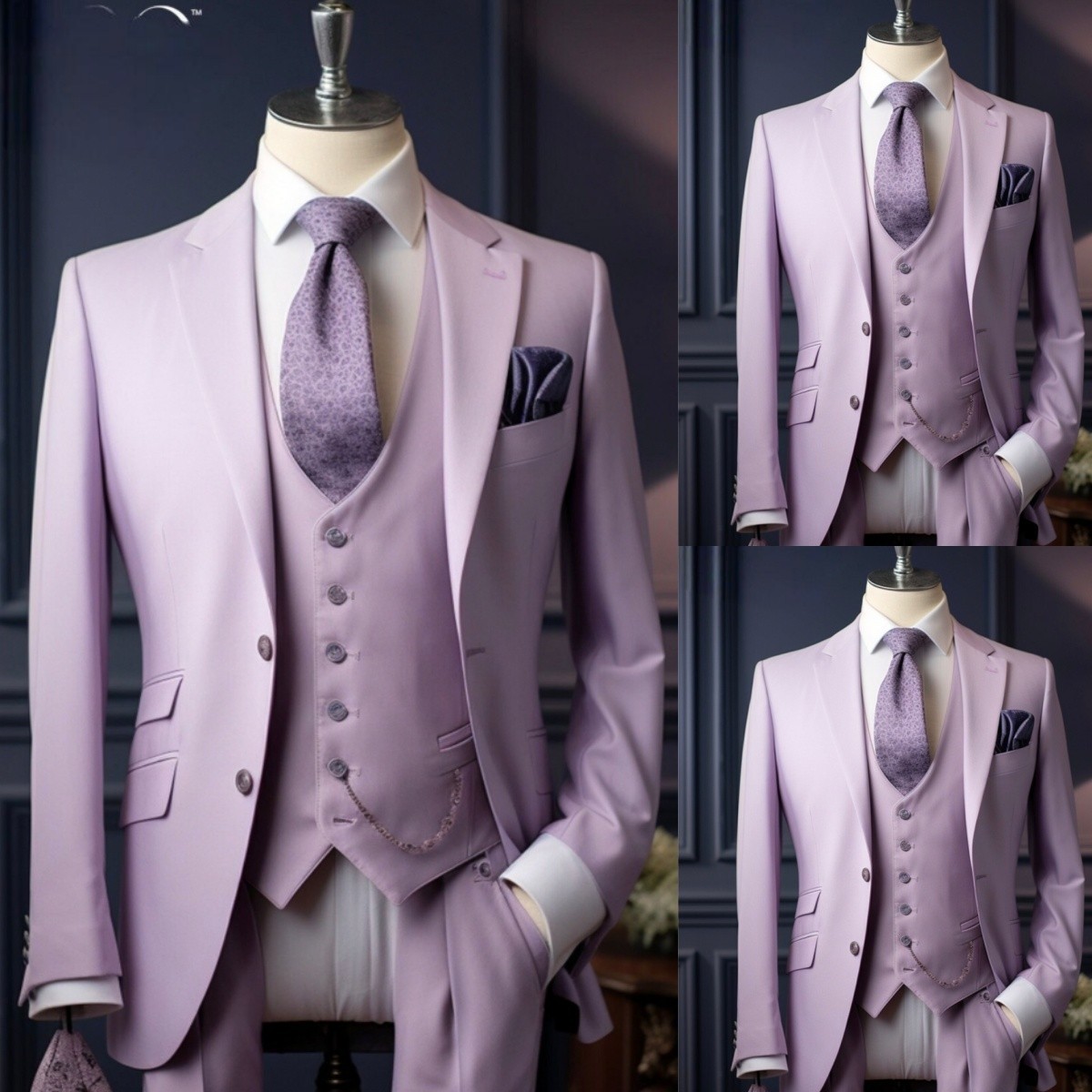 Lavender Men’s 3Pcs Suits Wedding Grooms Jacket Regular Fit Dinner Party Coat
