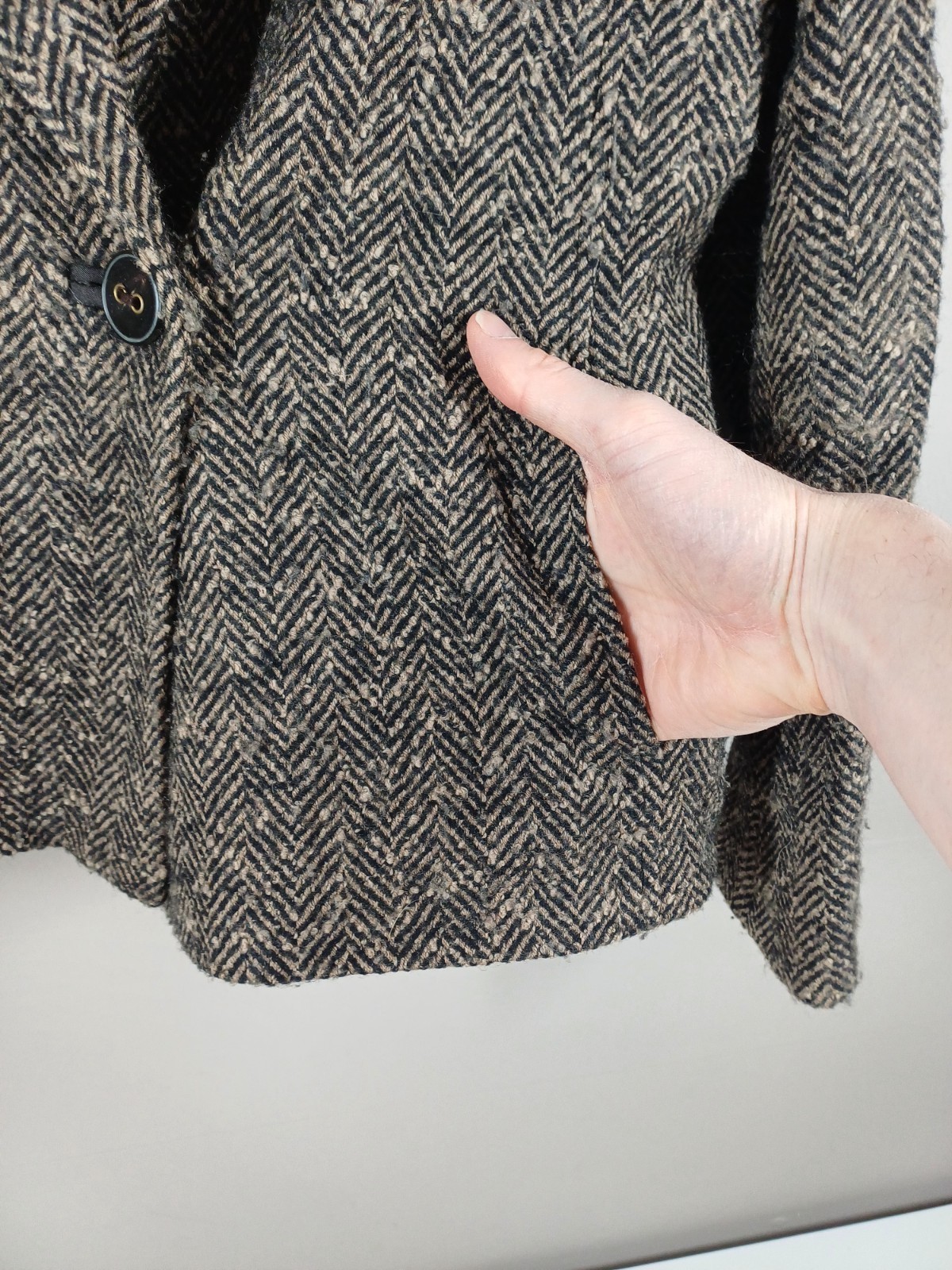 Jaeger Jacket Womens UK 12 Beige/Black Virgin Wool Cashmere Herringbone Blazer