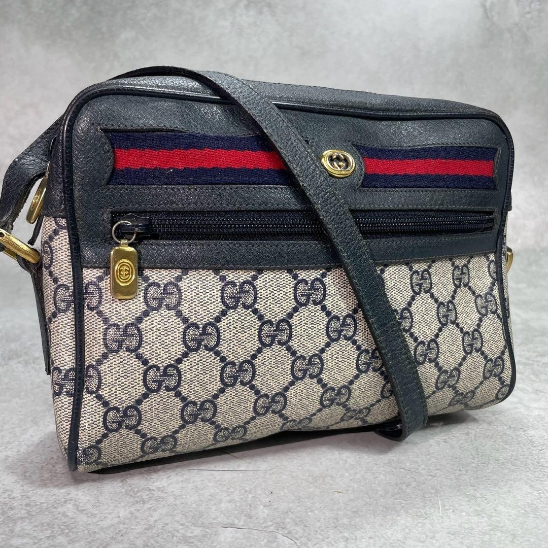 GUCCI 56.02.087 GG Sherry Line Shoulder Bag Navy Leather Logo Gold Hardware