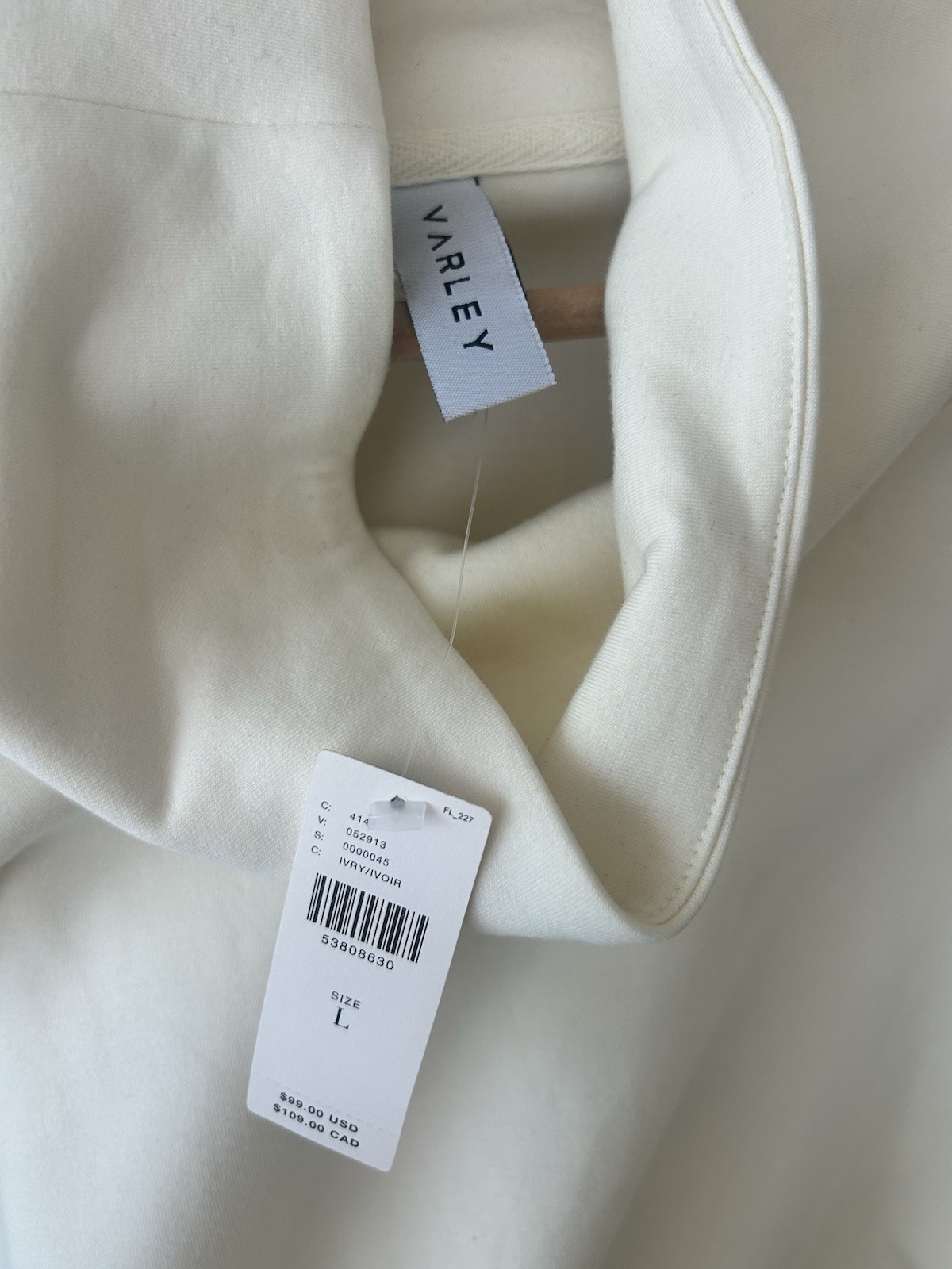 Varley Freya Sweat Funnel Neck Sweatshirt Ivory Marl Drawcord Waist Size L NWT
