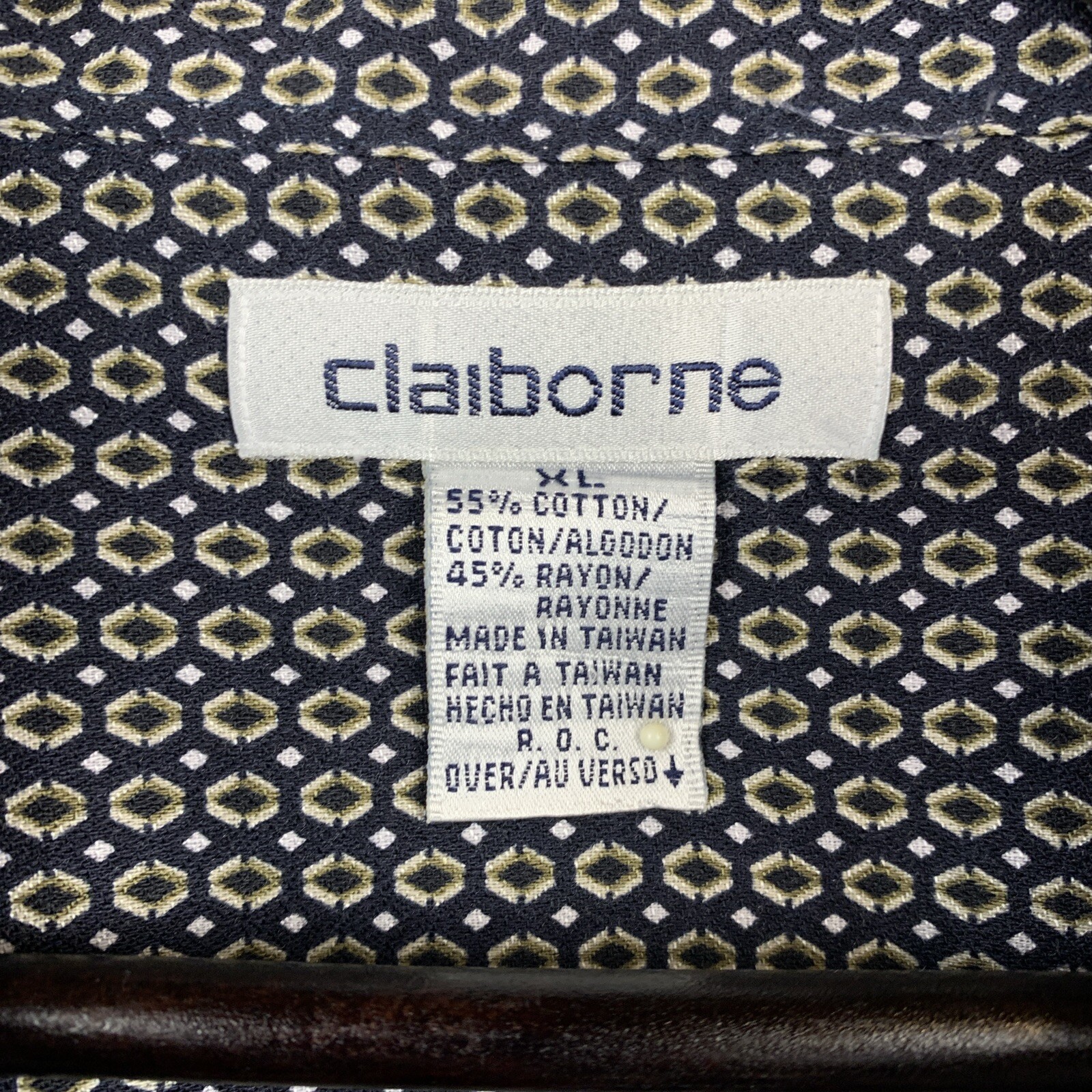 CLAIBORNE Button Up Shirt Men’s Extra Large Black Olive Geometric Modern Casual