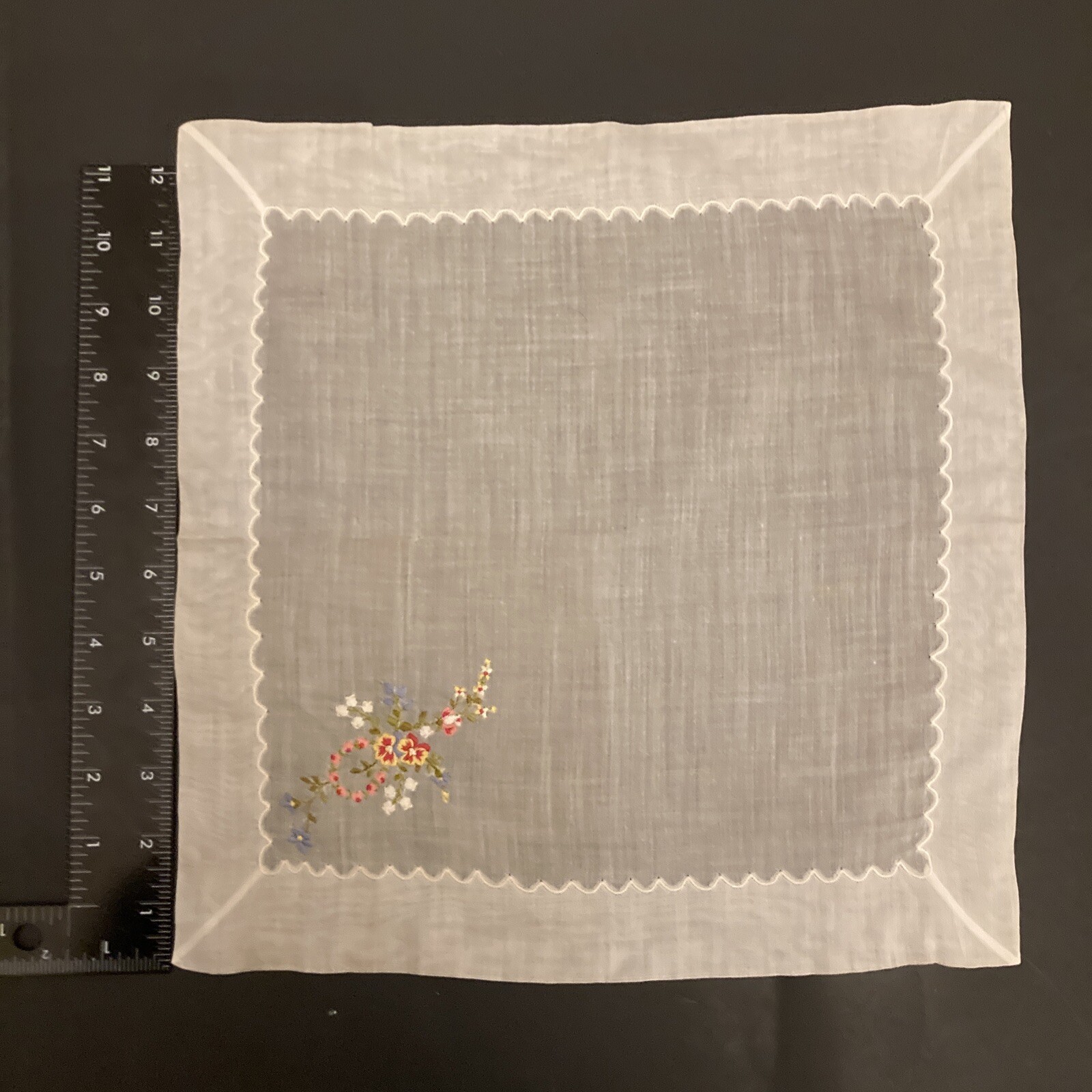 VINTAGE HANKY Handkerchief EMBROIDERY Flowers 12.5” X 12.5”