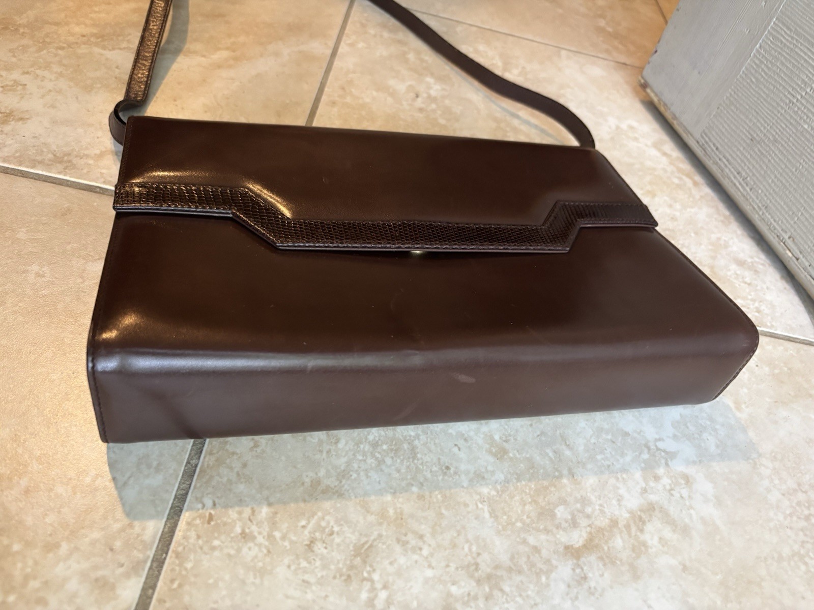 Salvatore Ferragamo vtg Brown Leather & Lizard Trim Clutch Shoulder Bag Italy