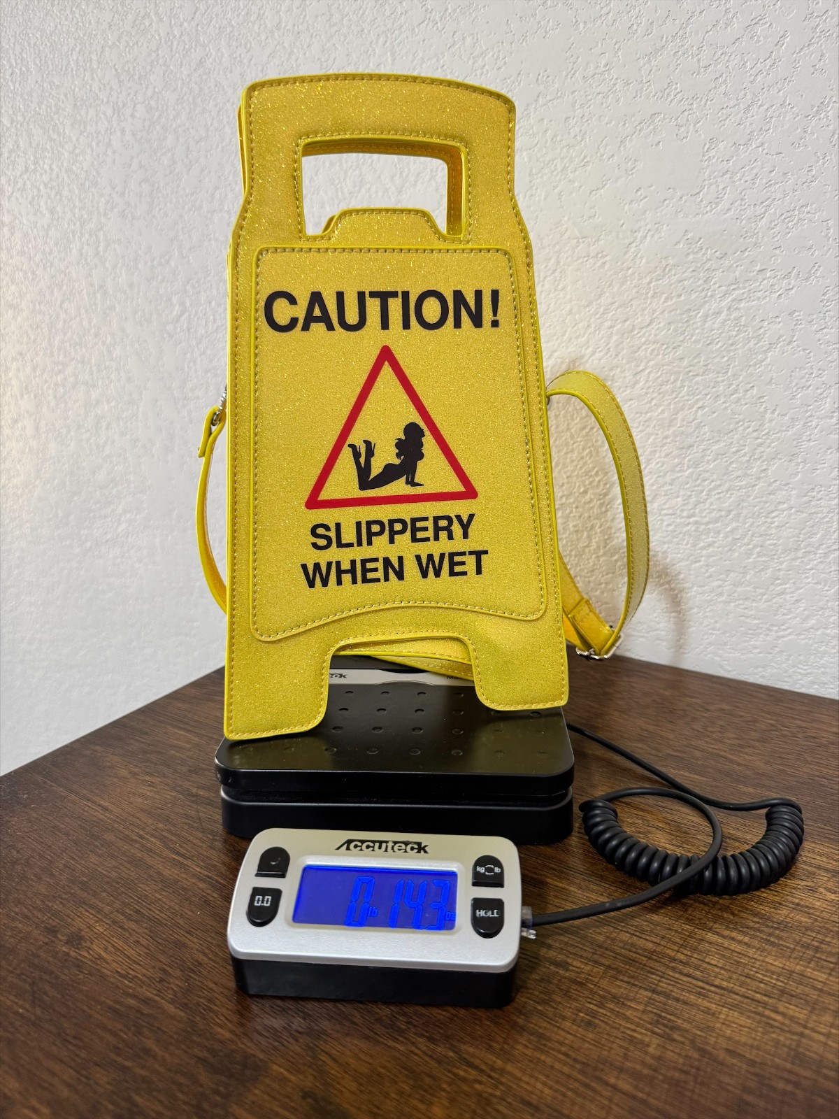 Dolls Kill Glitter Caution Slippery When Wet Crossbody Purse Yellow Novelty Bag