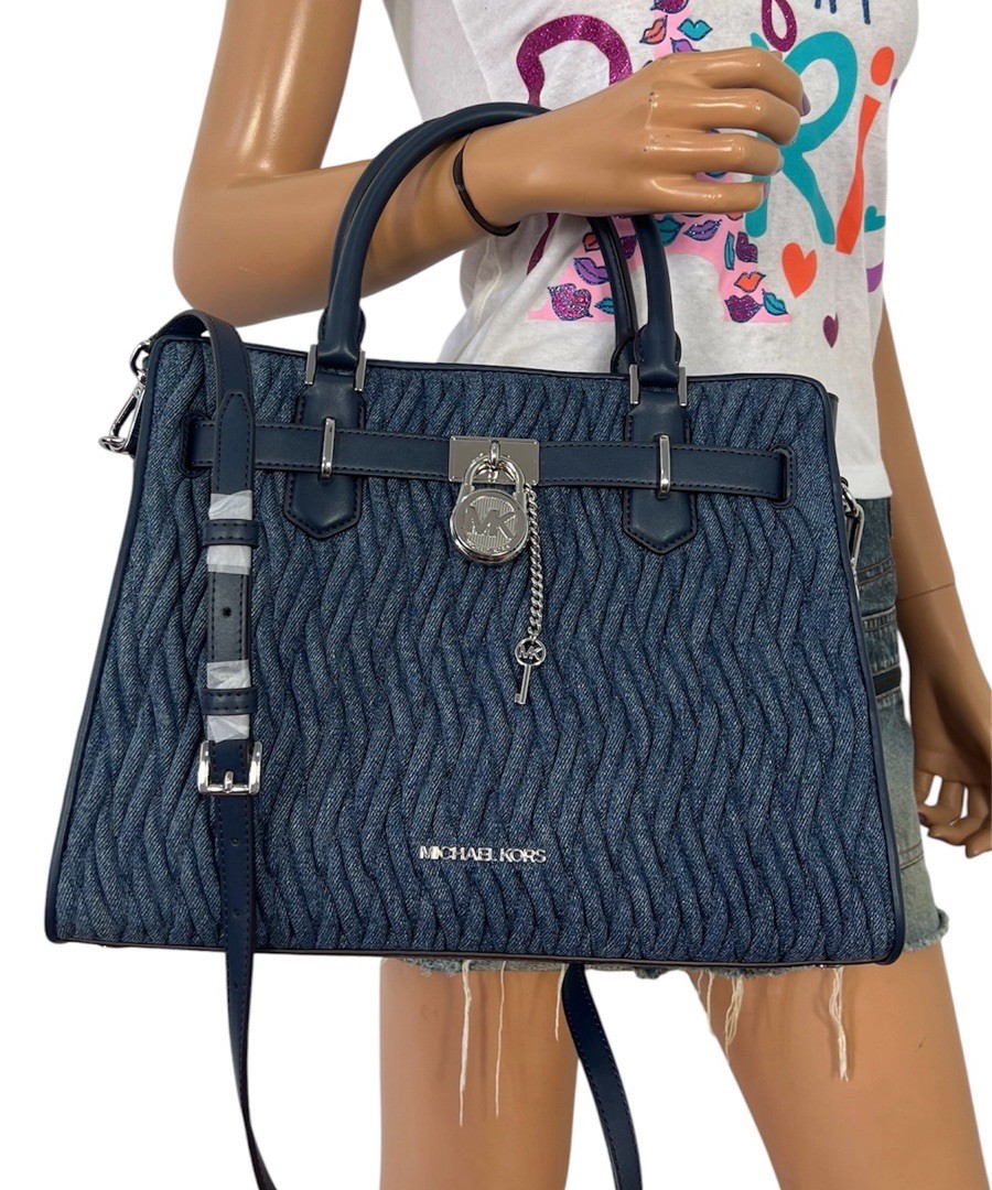 Michael Kors Hamilton Women Medium Crossbody Satchel Handbag Denim Bag Blue