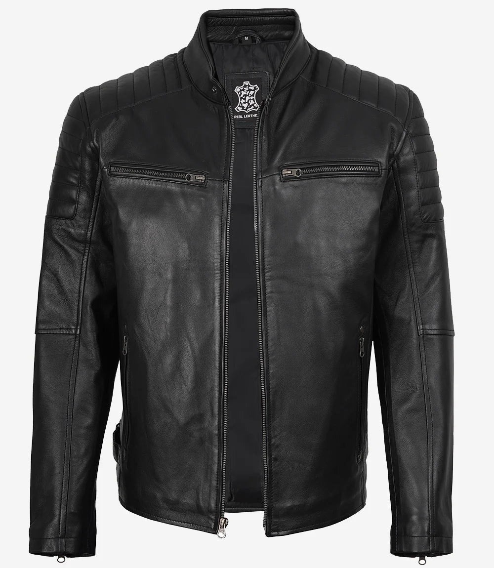 Men’s Black Leather Cafe Racer Jacket Padded Quilted Shoulder Bike Wear Zip Up