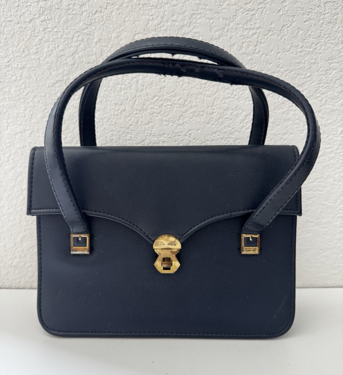 Women Blue Satchel Top Handle Bag, Turn Lock, Gold Hardware, Buckle Accent