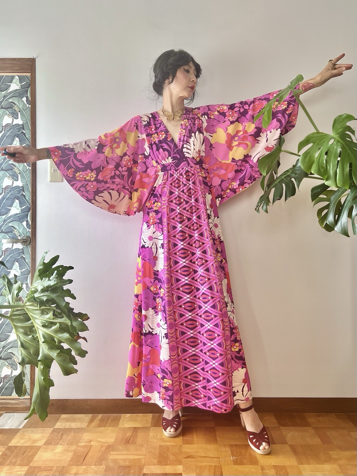 1970s Mr. B of California Psychedelic Floral Wing Sleeve Caftan Dress Maxi Gown