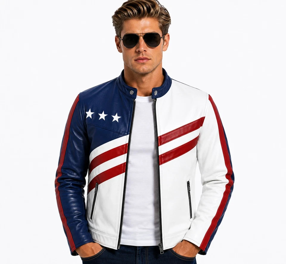 Men’s USA Flag Leather Jacket Genuine Cowhide Biker Jacket