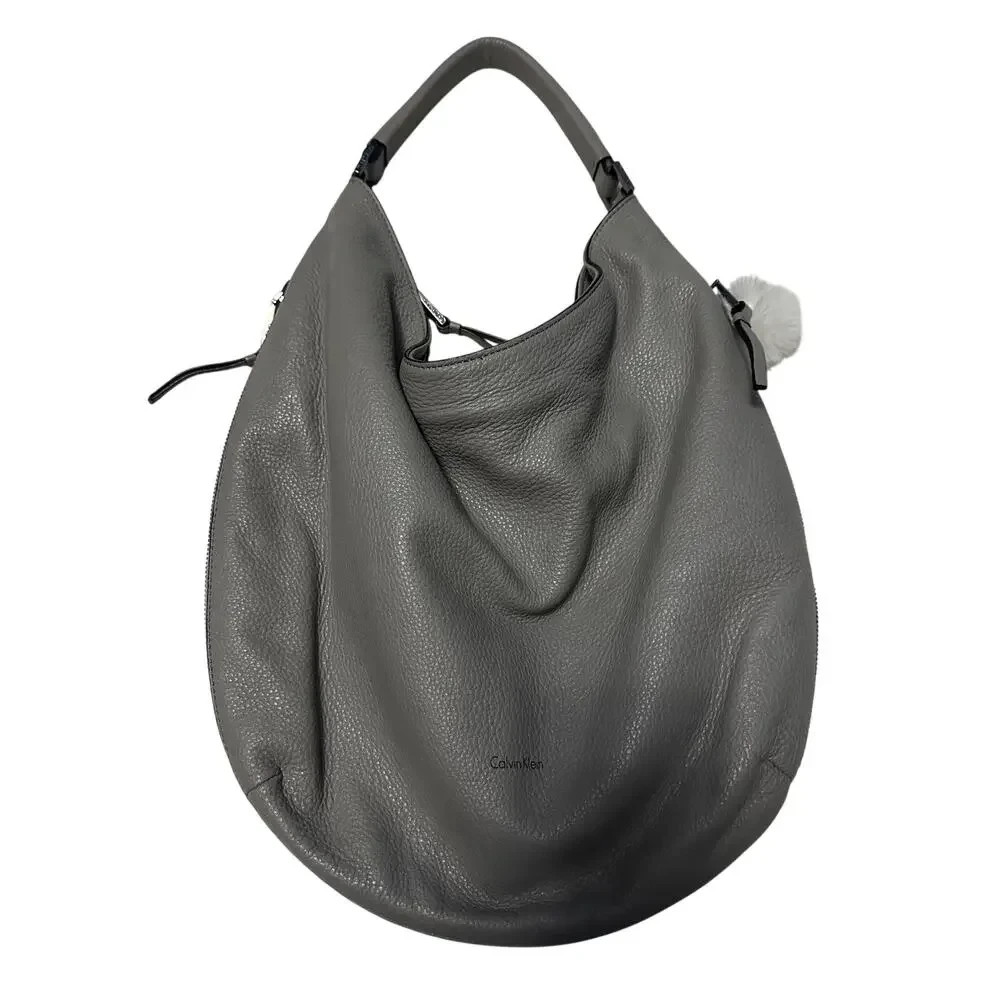 Calvin Klein Grey Pebbled Leather Slouchy Hobo Bag Shoulder Purse Handbag Large