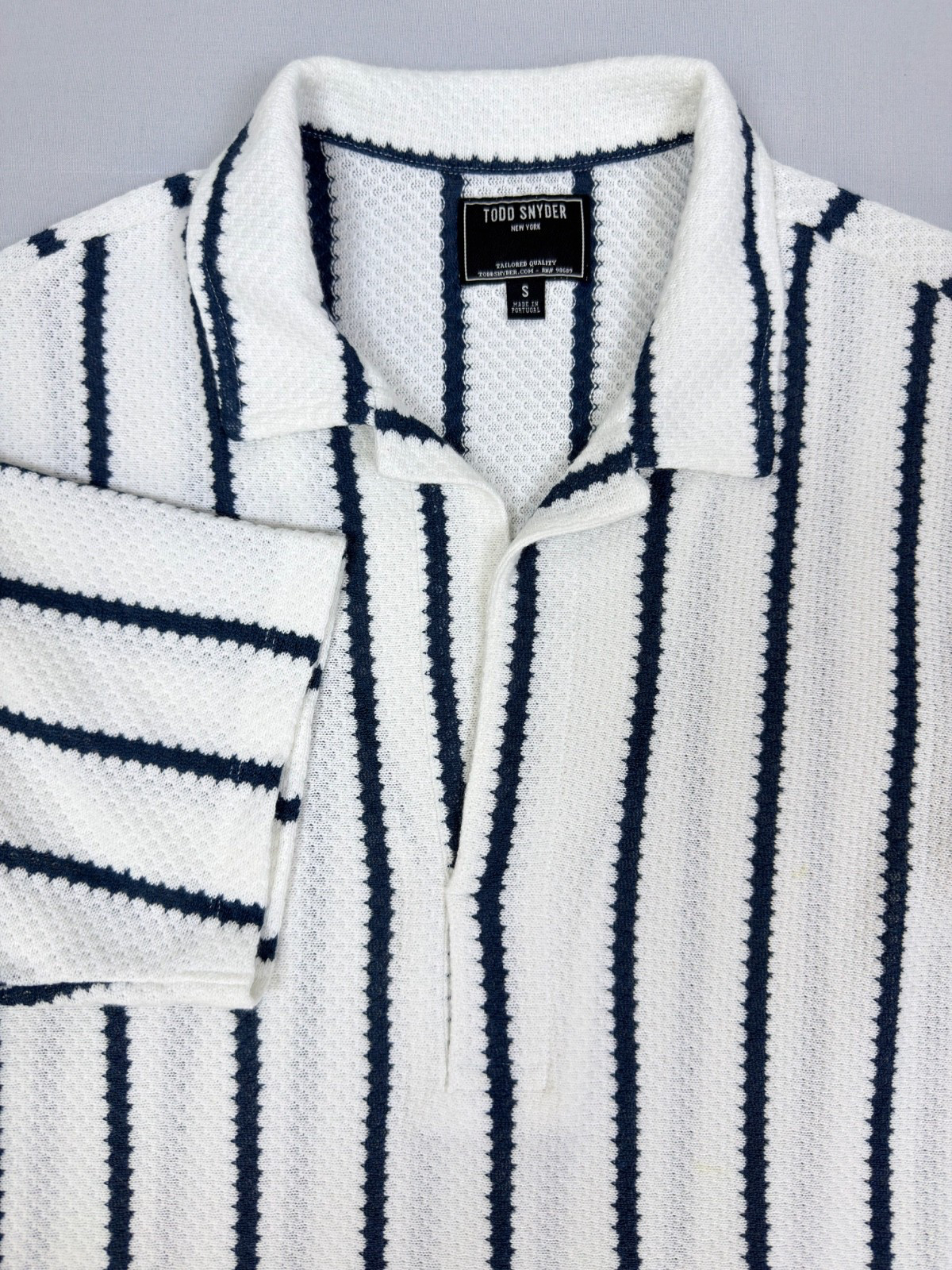 Todd Snyder Relaxed Textured Montauk Polo Coastal White Stripe Cotton Linen S