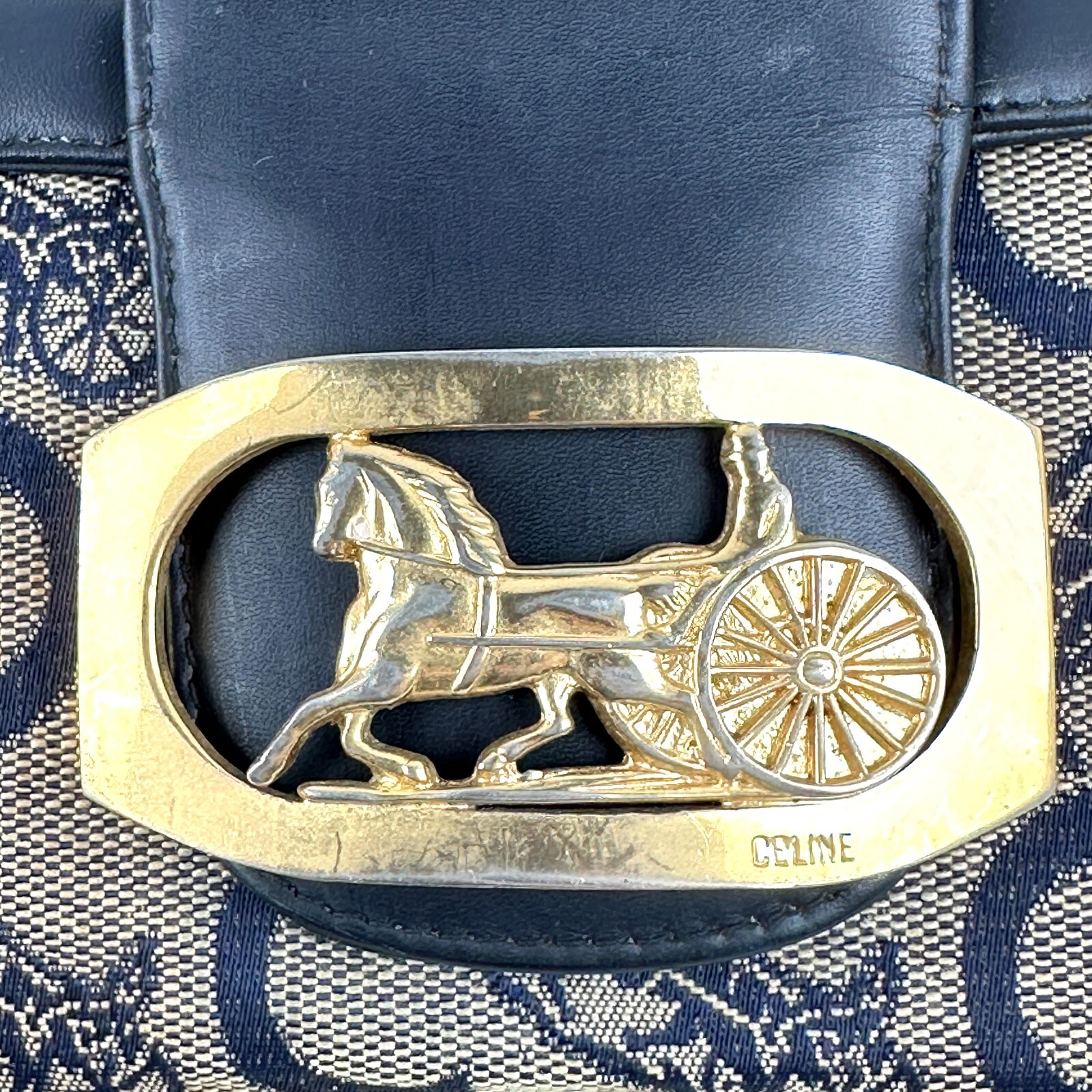 Vintage Celine Horse Carriage Macadam Shoulder Bag Navy Used Authentic [Rank B]