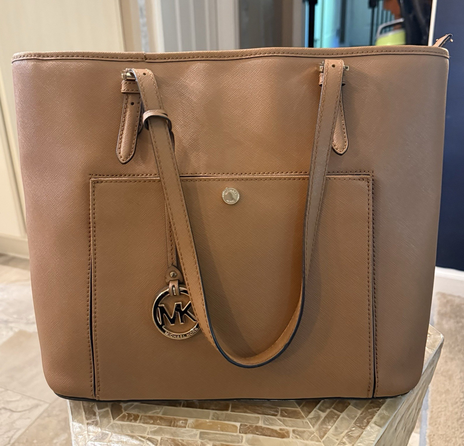 Michael Kors Brown Tote Bag Zip Top Gold Hardware Charm Pockets Lined Studs