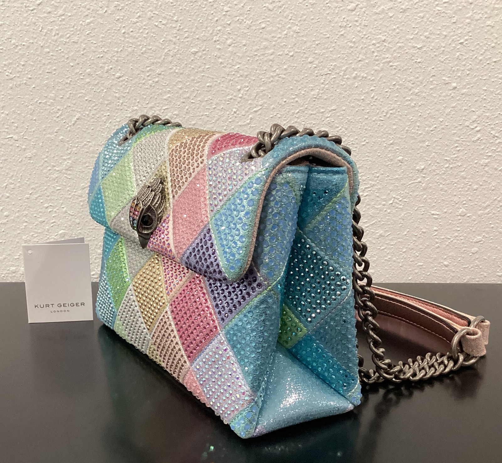 Kurt Geiger Medium 8.5″ x 6″ x 2.75″ Rainbow Iridescent Pink Blue Peach Crystal