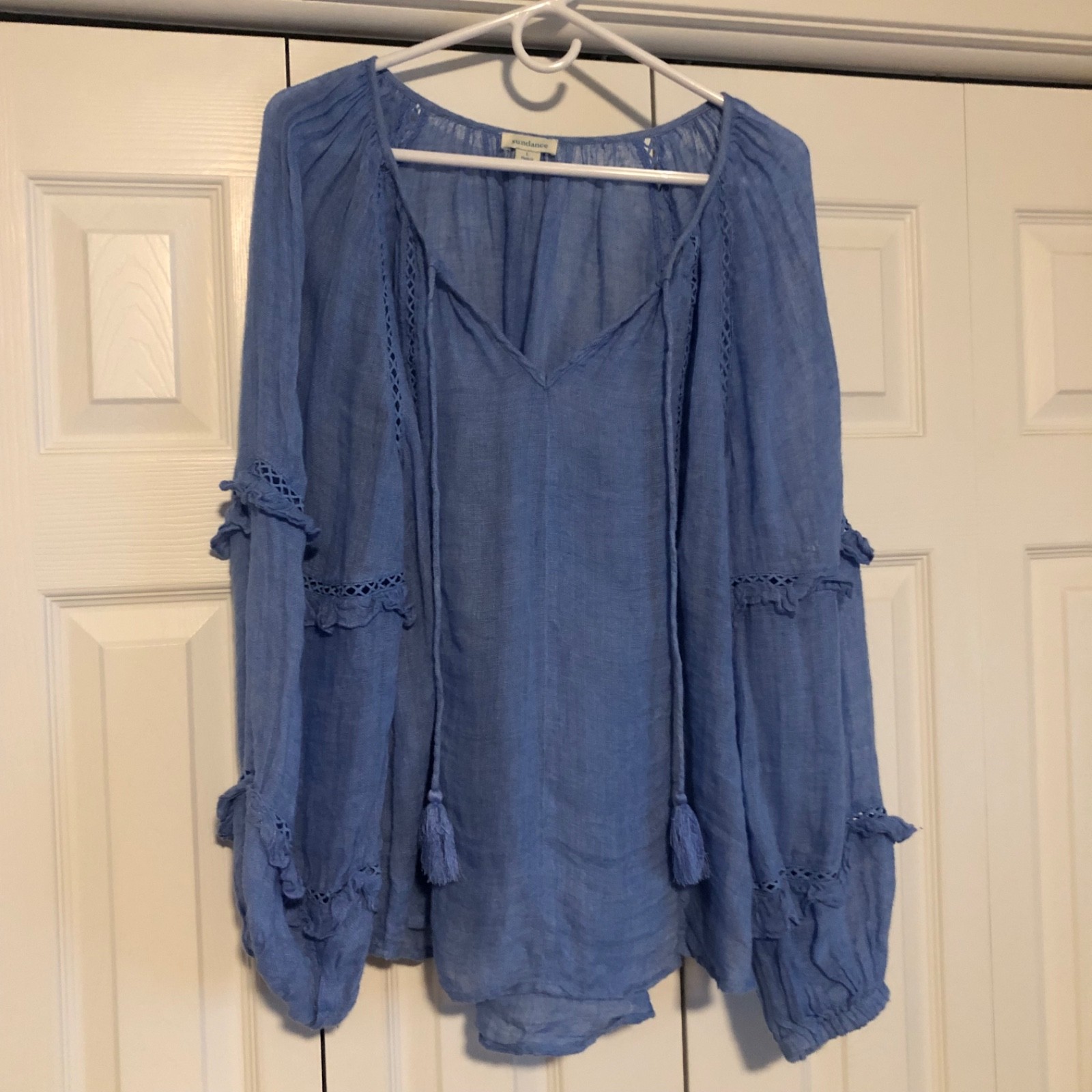 Sundance 100% Linen Peasant Blouse Women’s Size Large Tassels Boho Beachy