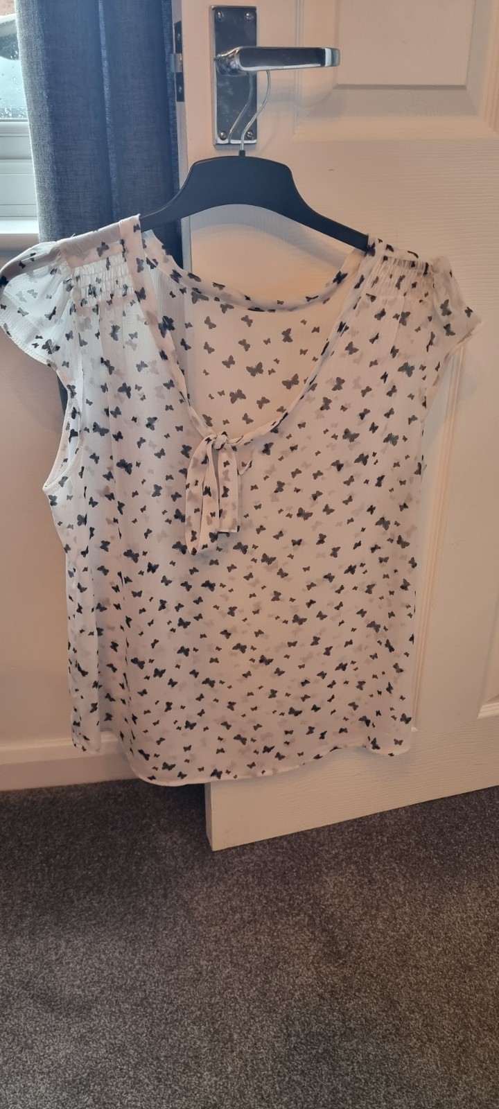 White Butterfly Print Sheer Scoop Neck Blouse with Back Tie Detailing
