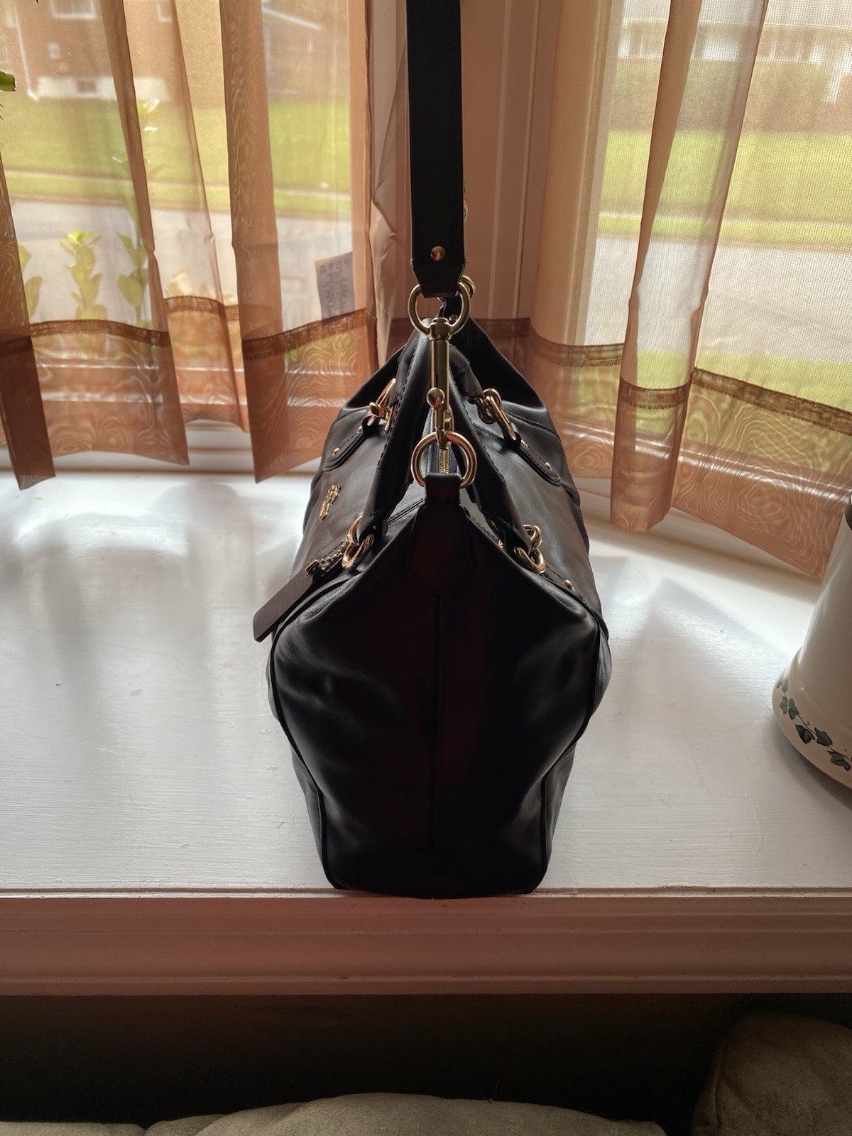 Coach Large Navy Satchel Top Handle Zip Closure Detachable Strap Gold Hardware